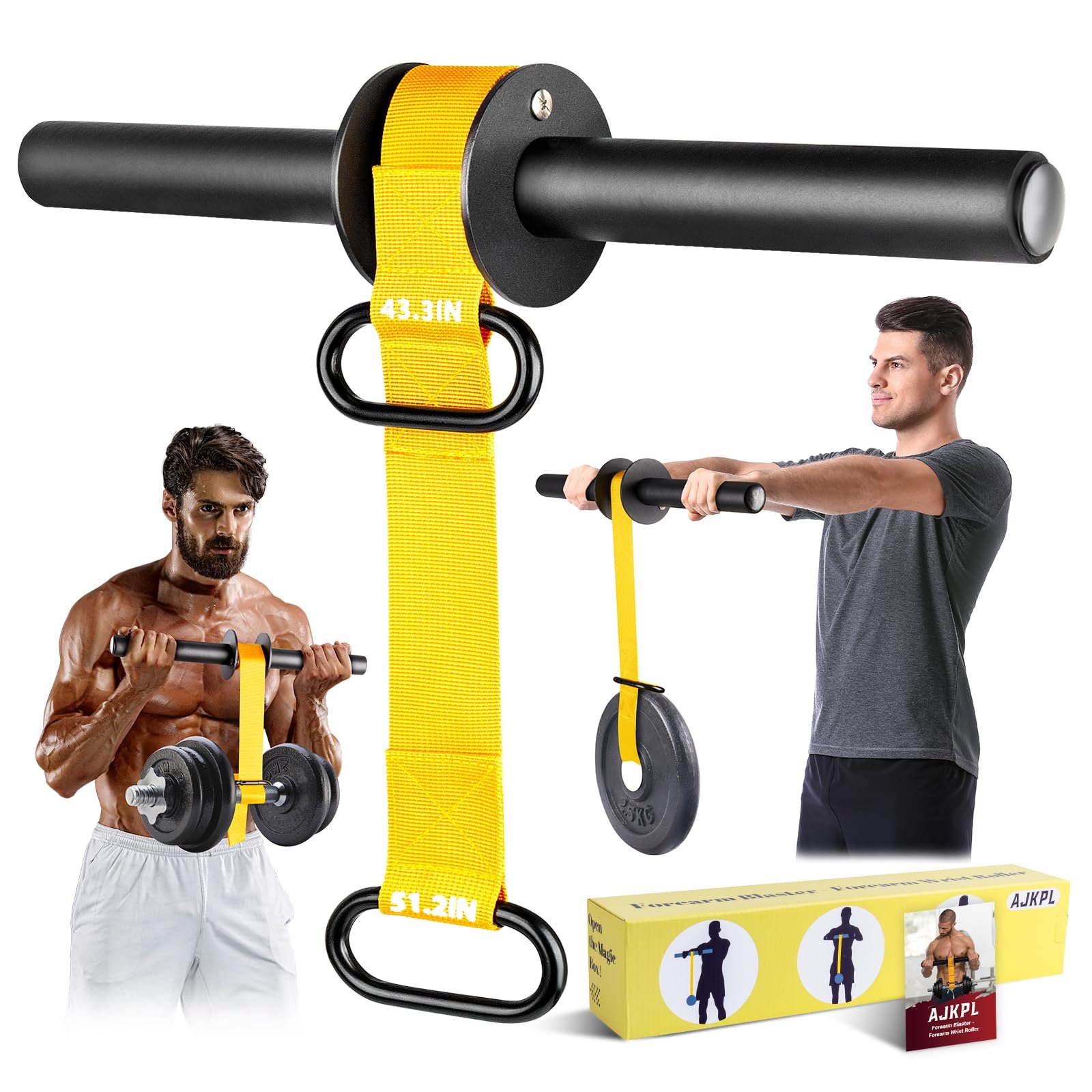 Fortalecedor de antebrazo y rodillo de muñeca, 43.3 pulgadas o 51.2 pulgadas Cinta de nylon ultra fuerte para muñeca y antebrazo con mecanismo de bloqueo rápido, agarres duraderos antideslizantes para entrenamiento de fuerza de antebrazo