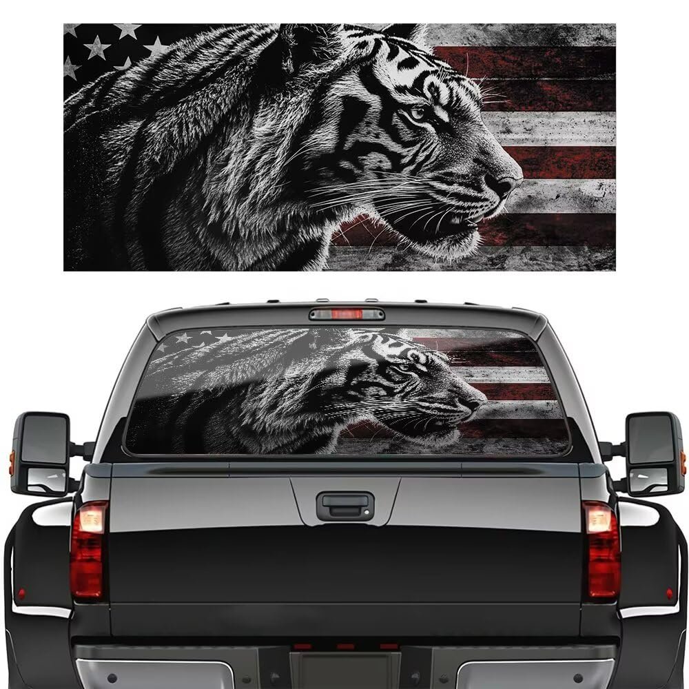 Calcomanías para ventana trasera de tigre negro y blanco para camiones, bandera americana vintage patriótica vista del coche en la parte trasera, etiqueta engomada del camión de vinilo perforado para vidrio trasero, envoltura de vinilo para camiones - 66" X 20"