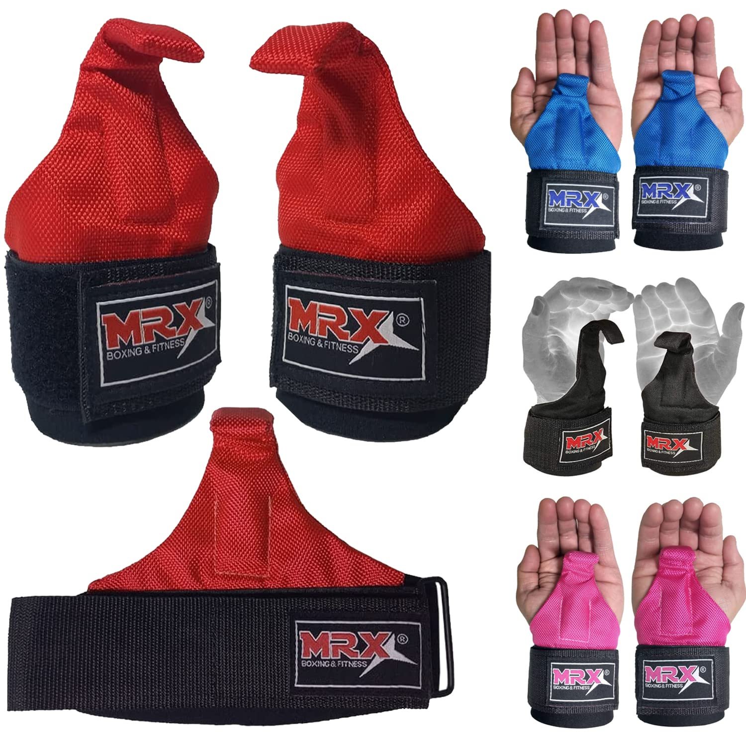 MRX Power Weight Lifting Straps Soporte de muñeca para levantamiento de pesas Bandas de entrenamiento de gimnasio de alta resistencia Envolturas de muñeca enganchadas Cordura Rojo