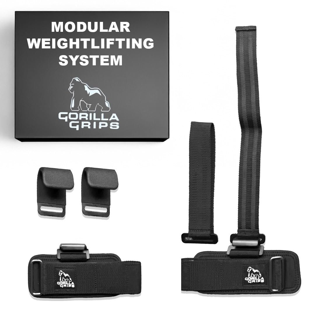 Vendas de muñeca Gorilla Grips para levantamiento de pesas hombres con ganchos de levantamiento de pesas, correas de muñeca para hombres y mujeres que combinan correas de muñeca para levantamiento de pesas, agarres para dominadas y accesorios modulares.