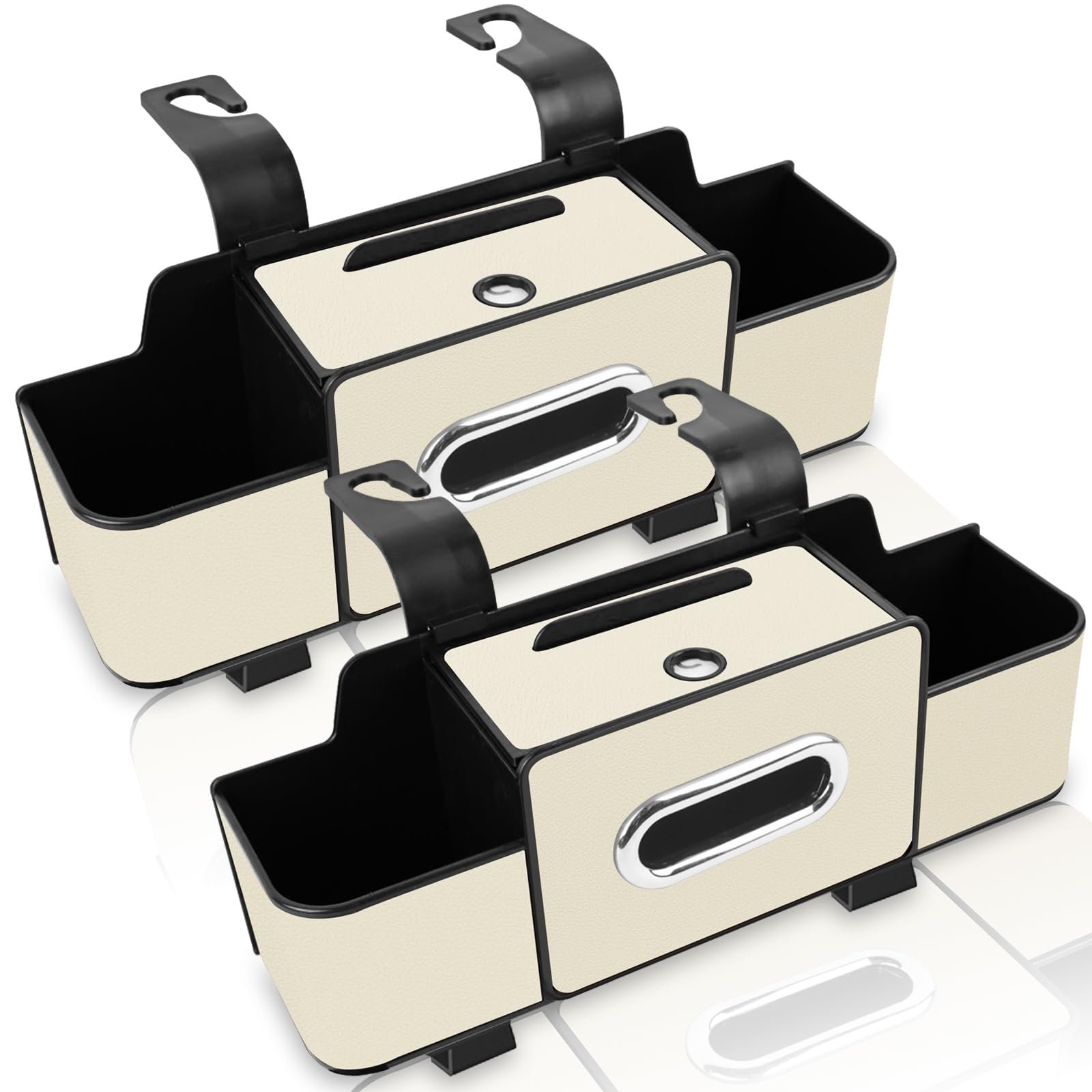 Organizador de almacenamiento para respaldo de asiento de coche de cuero PU duradero con portavasos dobles, compartimento para pañuelos y ganchos - Perfecto para la organización del asiento trasero, se adapta a la mayoría de los vehículos (Pack de 2) - blanco