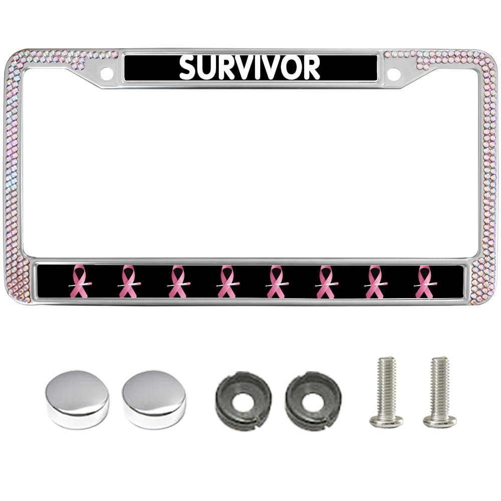 Marco de Placa de Licencia con Listón Rosa Bling Faith para Cáncer de Mama Marco de Placa de Licencia de Acero Inoxidable Diamante Breast Cancer Warrior Rhinestone Marco de Placa de Licencia para Mujeres con Kit de Montaje