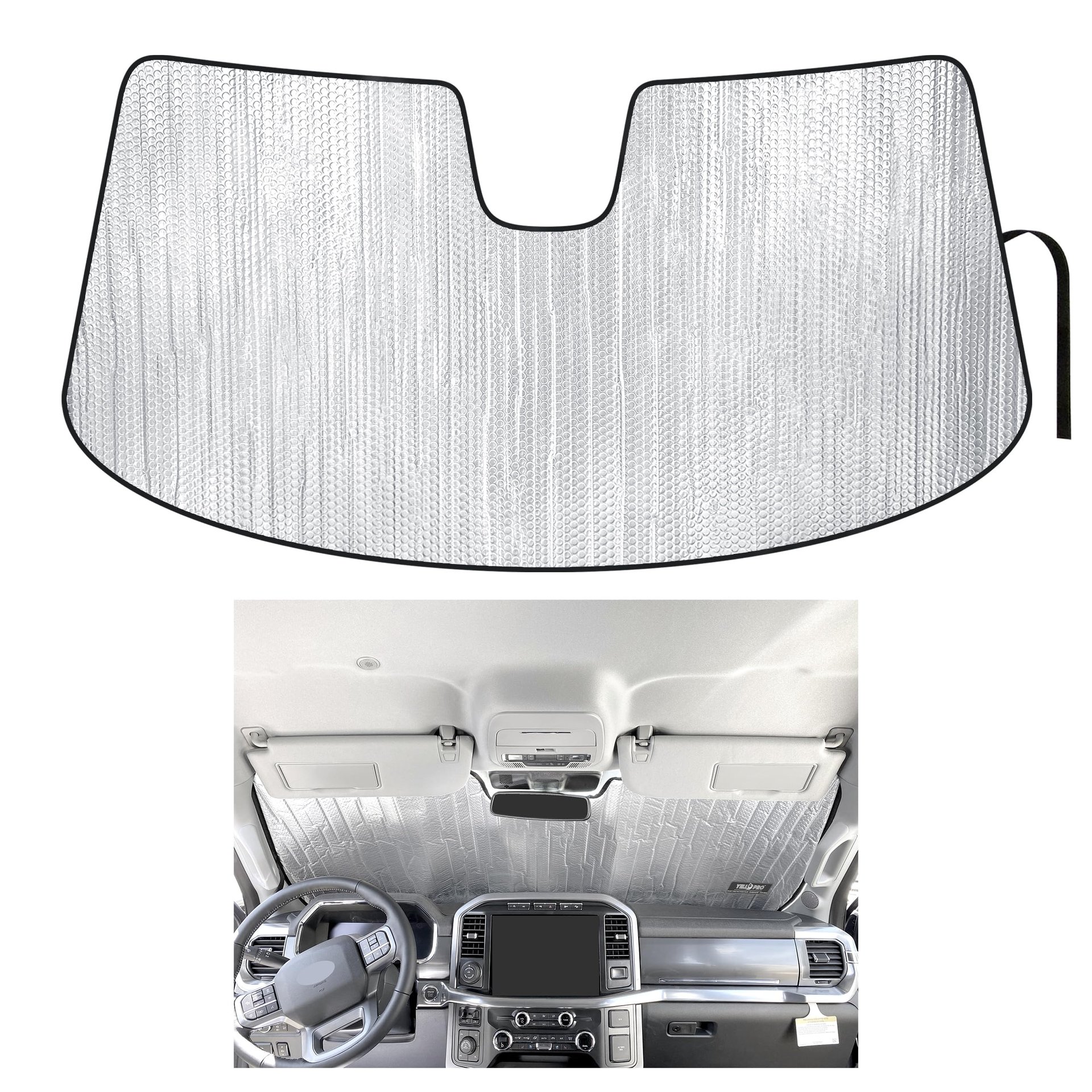 YelloPro Protector solar reflectante para parabrisas delantero a medida para Ford F-150, Lightning, Regular Cab, Super Cab, Super Crew Cab 2021-2025 [Hecho en EE. UU.]