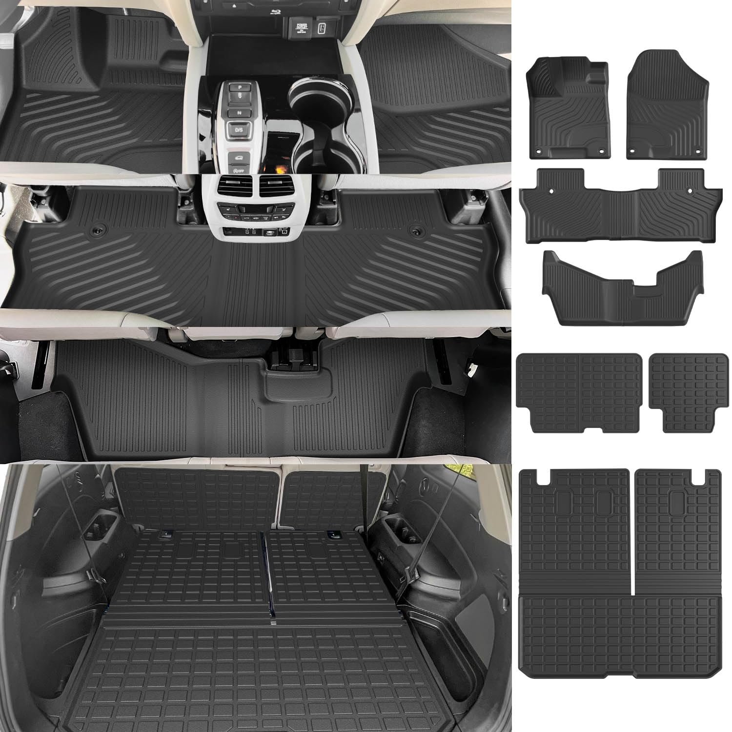 Tapete para Piso de 8 Asientos Compatible con Honda Pilot 2016-2022 Reemplazo de Tapete para Cajuela y Respaldo Accesorios para Honda Pilot 2016-2022(8-Seat Tapete para Cajuela + Tapete para Respaldo de 2da Fila + Tapete para Piso)