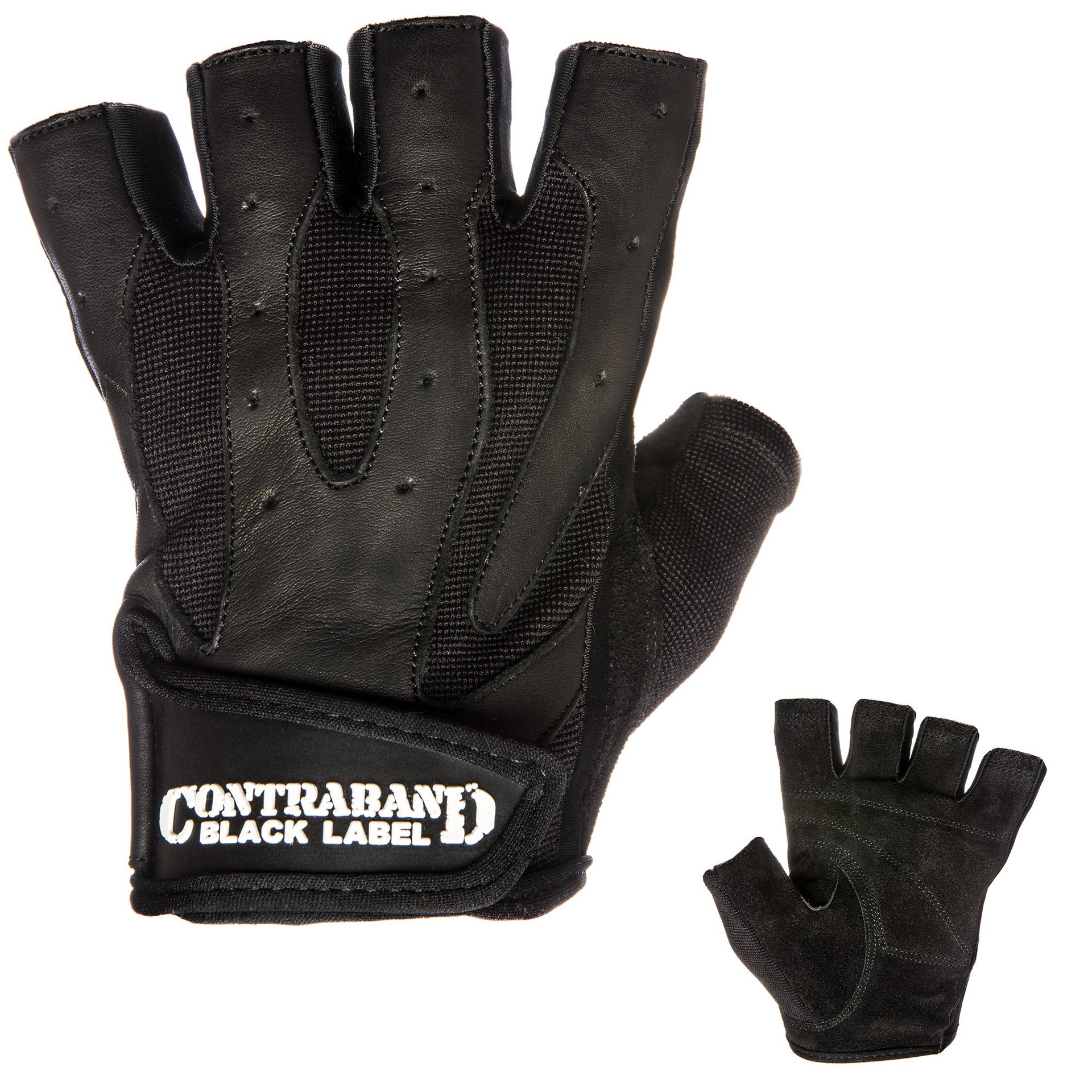 Guantes de Levantamiento de Pesas sin Dedos de Cuero Contraband Black Label 5150 para Hombres - Guantes de Gimnasio de Cuero Dividido Duradero con Acolchado Ligero-Mediano - Perfectos Guantes Clásicos de Levantamiento (Par) (Negro, Extra Grande)