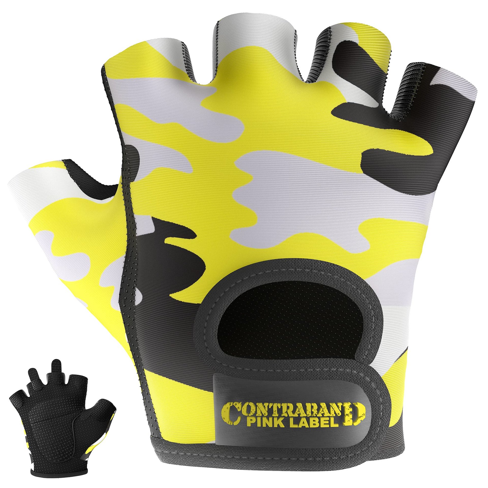 Guantes de Levantamiento y Remo Contraband Pink Label 5217 para Mujer con Diseño de Estampado de Camuflaje (Par) - Ligeros de Microfibra Amara de Cuero Vegano con Acolchado Medio y Agarre de Silicona Griplock (Amarillo, Pequeño)