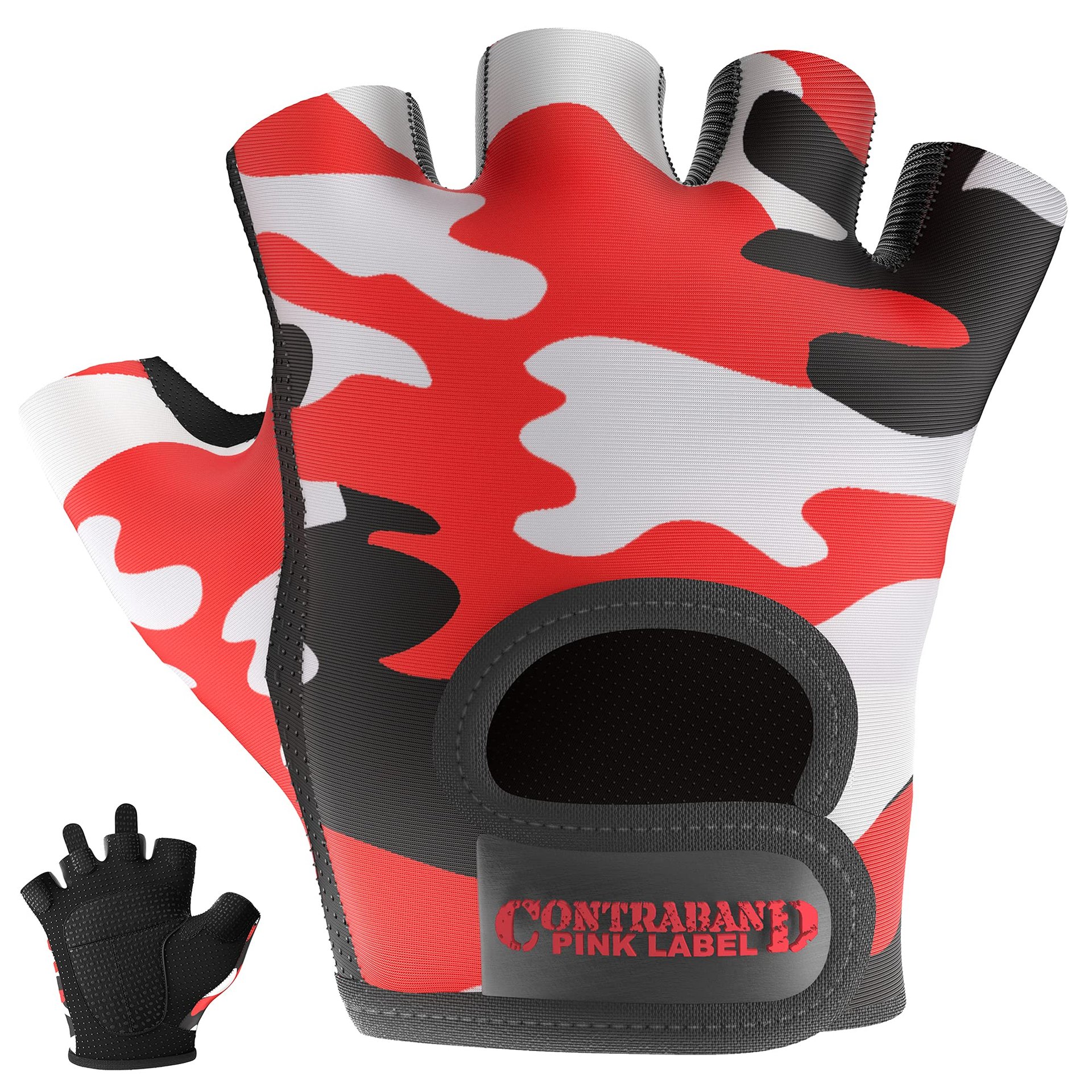 Guantes de Levantamiento y Remo Estampados de Camuflaje de la Serie Design para Mujer Contraband Pink Label 5217 (Par) - Ligeros de Cuero Sintético Vegano Amara con Acolchado Mediano y Agarre de Silicona Griplock (Rojo, Mediano)