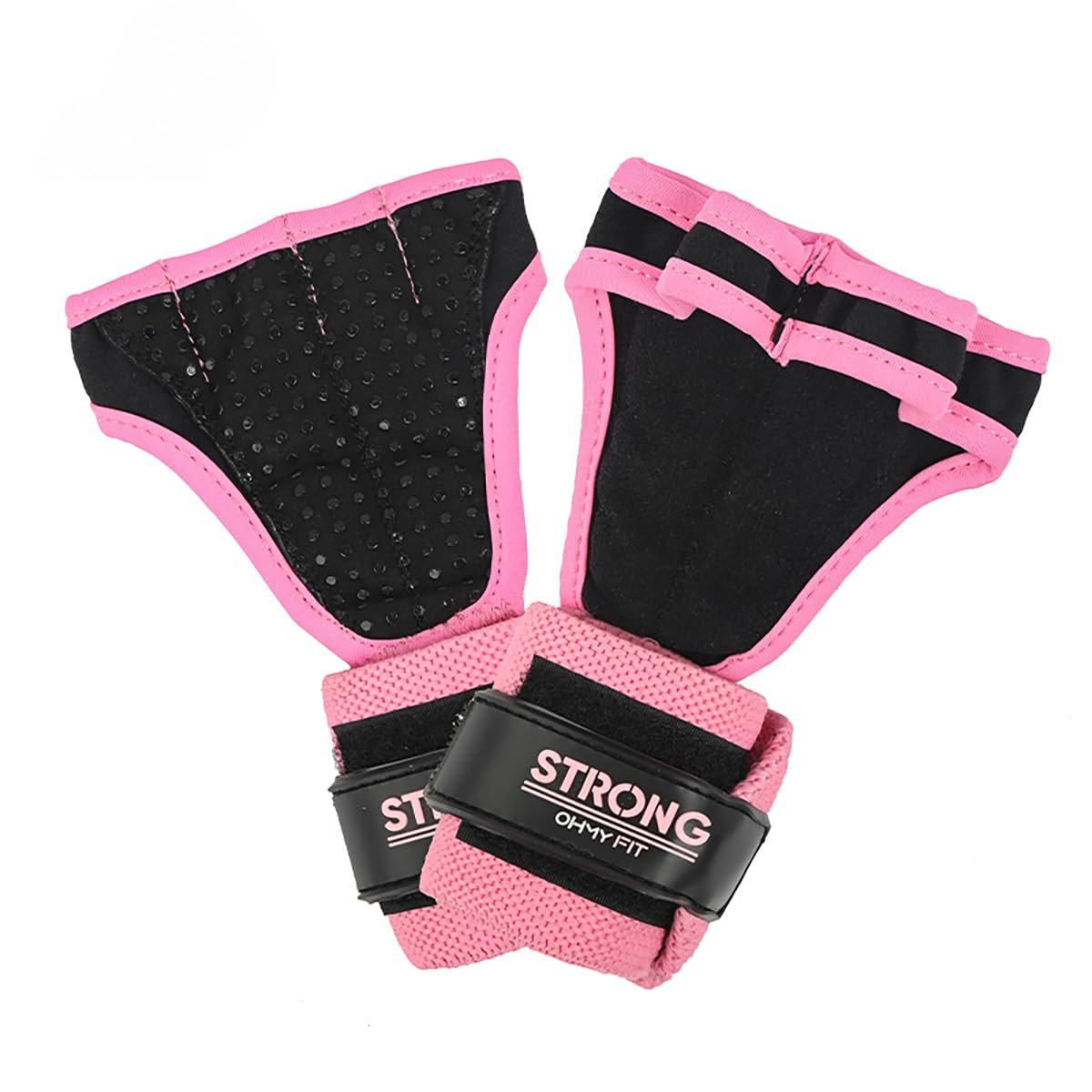 Guantes de Muñequera OHMY FIT para Mujeres - Guante de Soporte para Muñeca y Protección para la Palma - Agarres de Crossfit - Accesorios de Entrenamiento Ideales para Ejercicio, Levantamiento de Pesas, Pilates, Yoga y Más (Grande, Rosa)