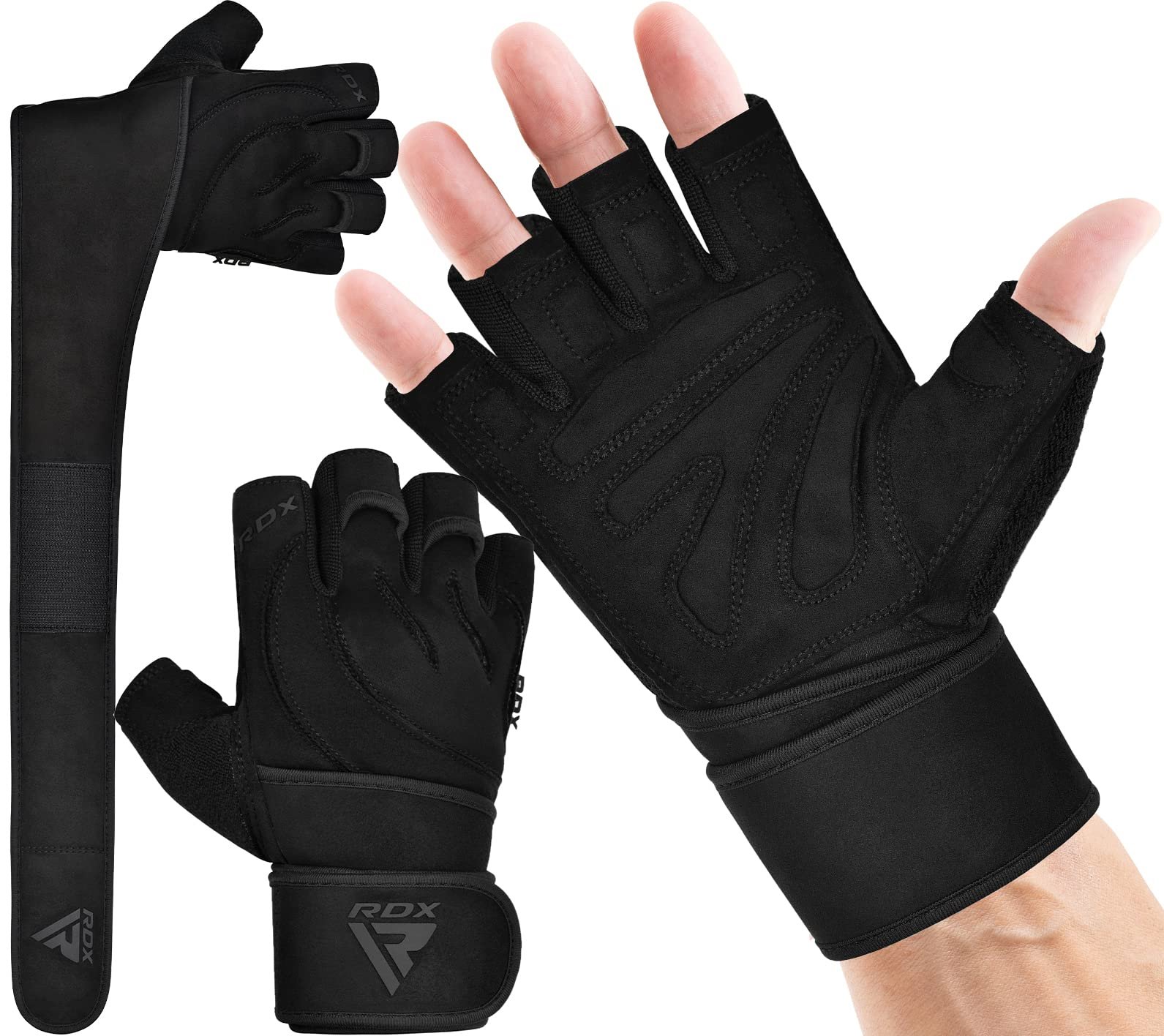 Guantes de Levantamiento de Pesas RDX con Soporte para Muñeca, Correas de 50 CM de Largo para la Muñeca, Palma Acolchada Antideslizante, Agarre Transpirable para Fitness Powerlifting, Hombres Mujeres Ejercicio de Musculación (Negro, M)