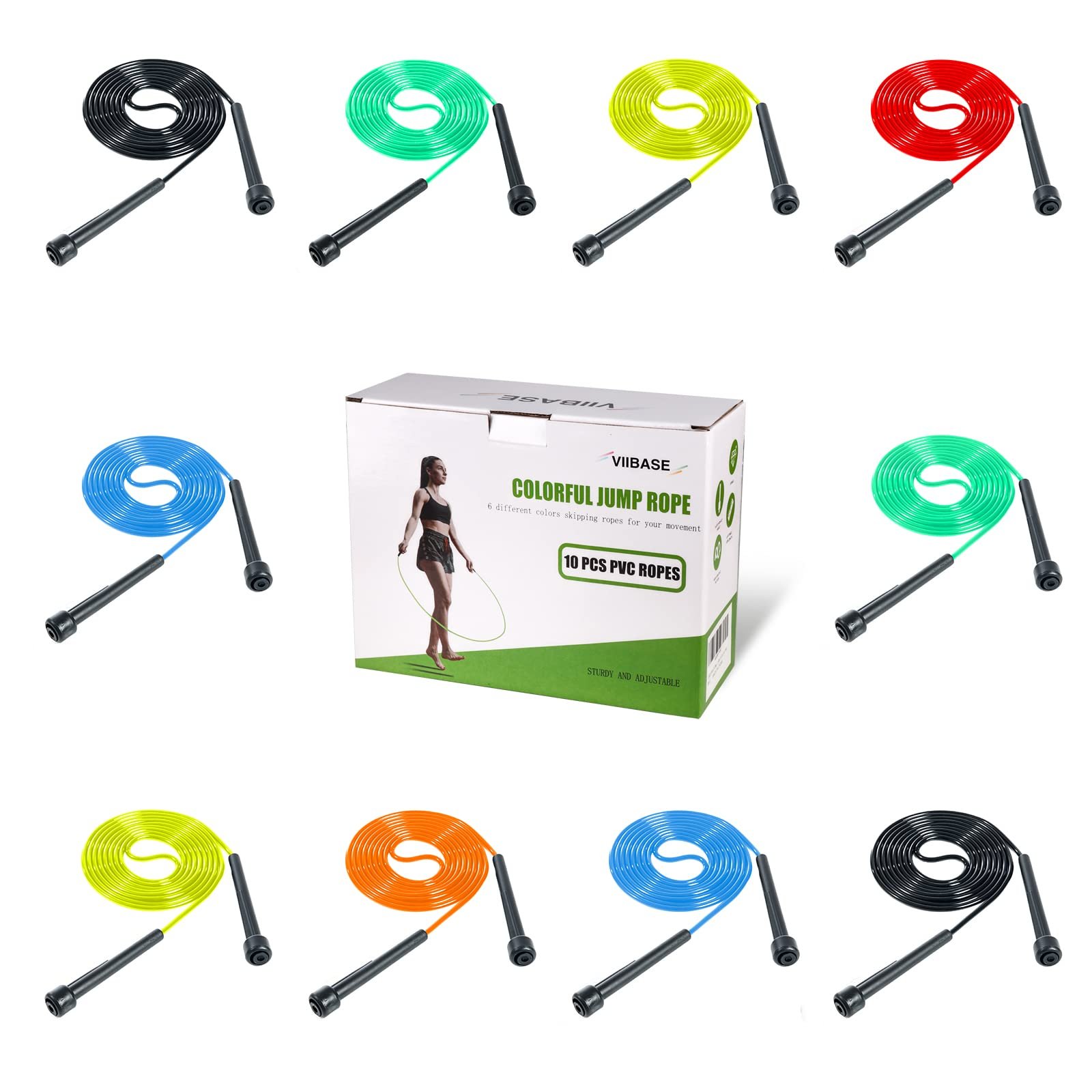 VIIBASE 10 Pack Cuerda de Saltar de PVC para Fitness Cardio - Cuerda de Saltar Ajustable Versátil para Mujeres Hombres Niños, Cuerda de Saltar de Velocidad para Ejercicio, 9 Pies