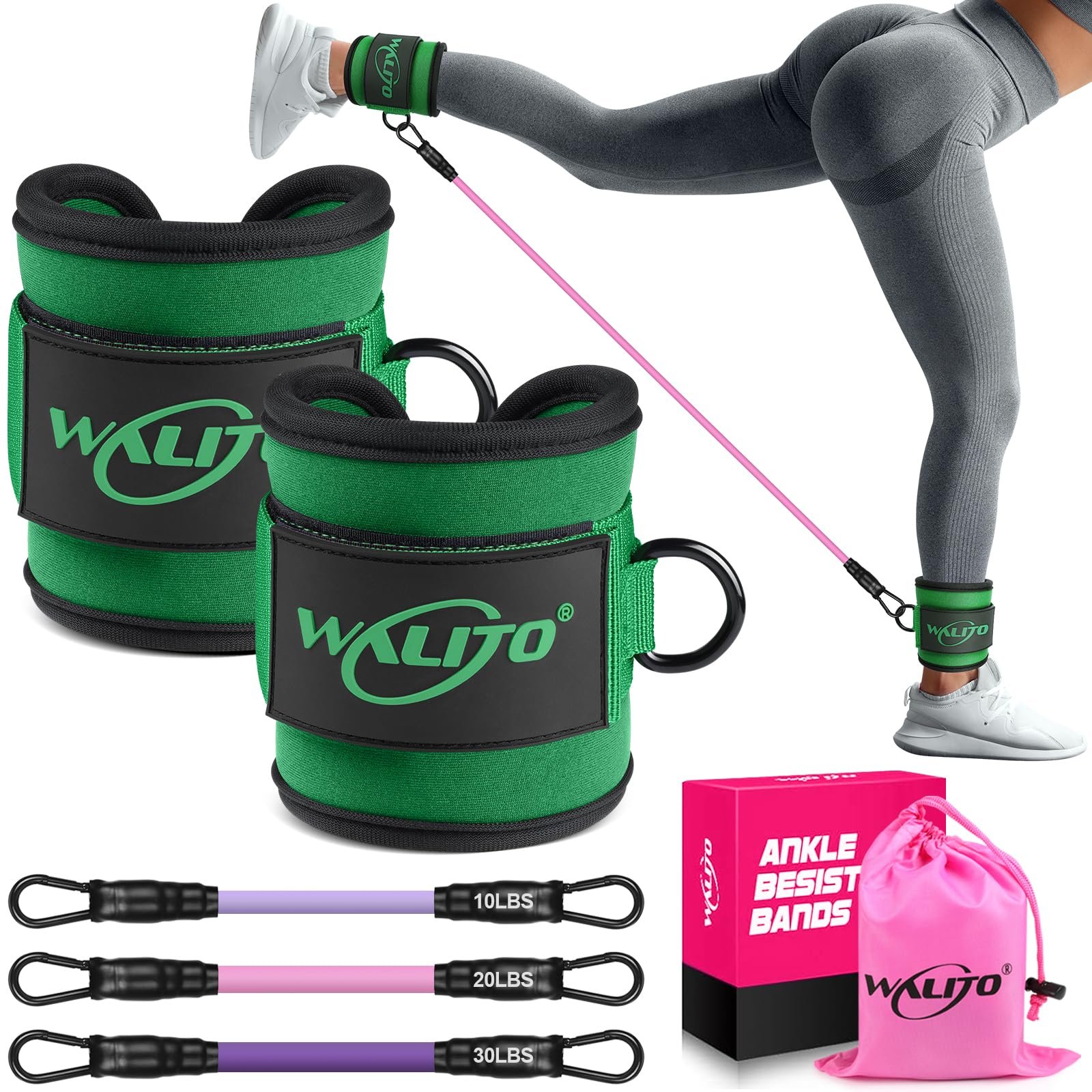 Bandas de resistencia para tobillos WALITO con puños, bandas para tobillos para hacer ejercicio, correas para tobillos para mujeres, bandas de ejercicio para piernas y glúteos, equipo de entrenamiento de fitness para caderas