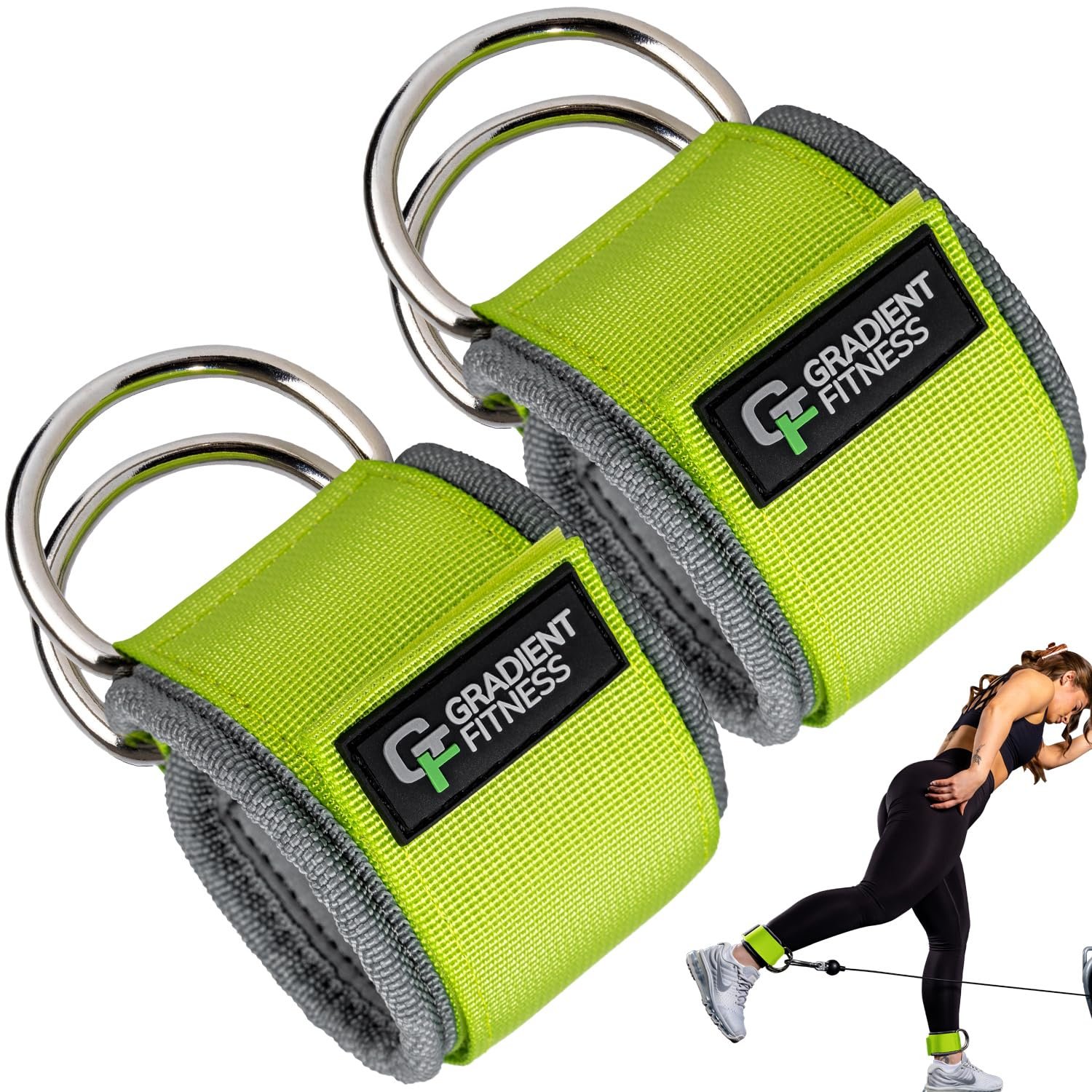 Correas de Tobillo Gradient Fitness (Paquete de 2) | Correa de Tobillo para Máquina de Cable, Bandas de Tobillo para Entrenar, Correa de Tobillo para Máquina de Cable, Accesorio de Máquina de Cable, Accesorios de Tobillo para Gimnasio (Verde, 2 Anillos en D)
