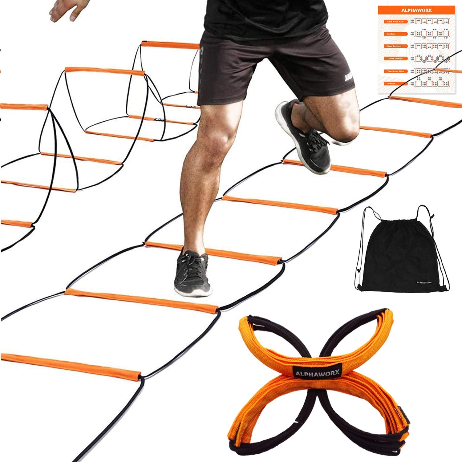 ALPHAWORX Agility Ladder, Equipo de Entrenamiento de Agilidad, Escalera de Velocidad de Fútbol, Escalera de Destreza Física, Escalera de Ejercicios para Niño Adulto, Plegable con Instalación Instantánea y Sin enredos, con Bolsa de Transporte (4 peldaños * 3)