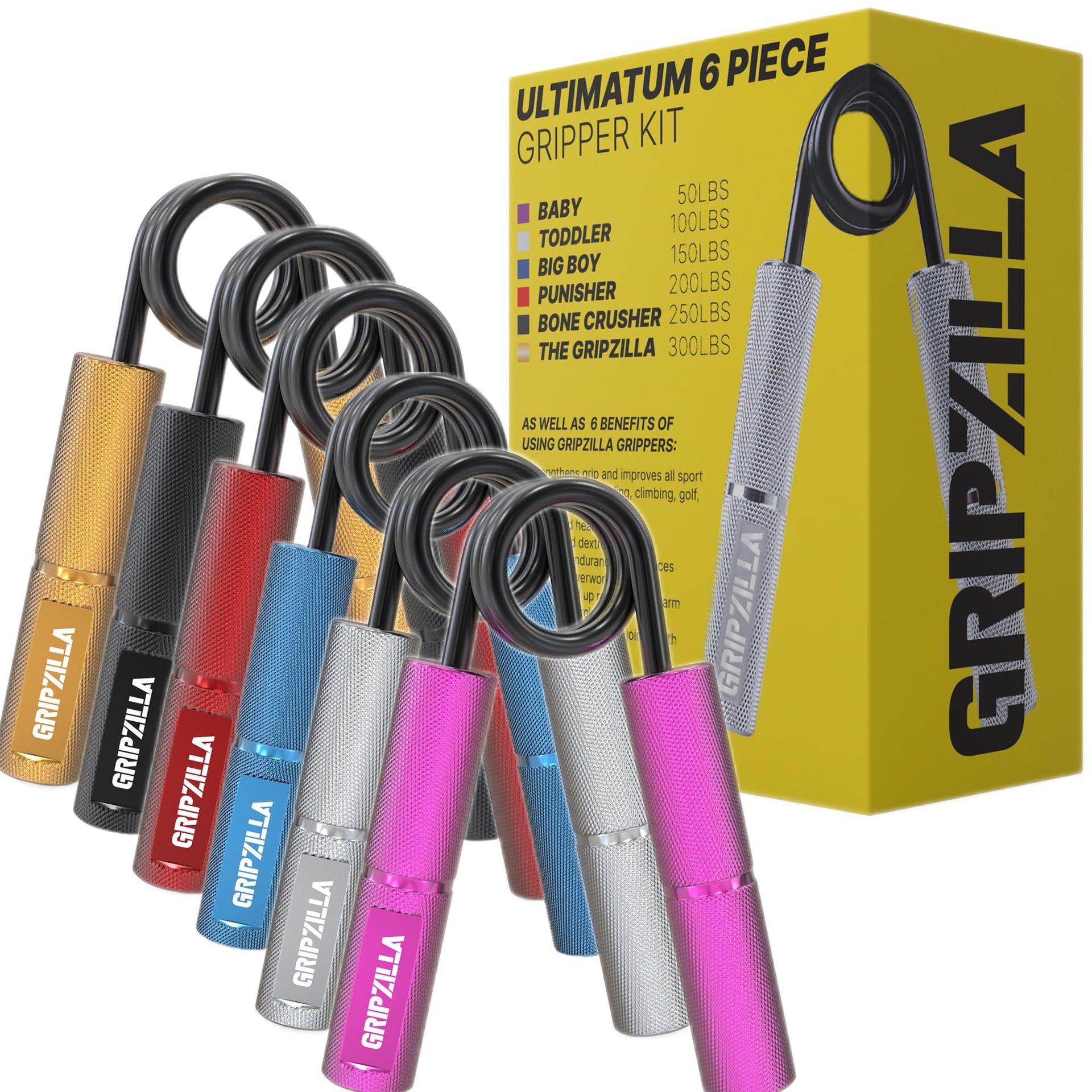 Set de Entrenador de Fuerza de Agarre GRIPZILLA 50-300LB, 6pc Kit de Fortalecedor de Agarre de Mano, Dispositivo de Fuerza de Mano Resistente con Metal Antideslizante, Ejercitador de Antebrazos y Fortalecedor de Muñecas