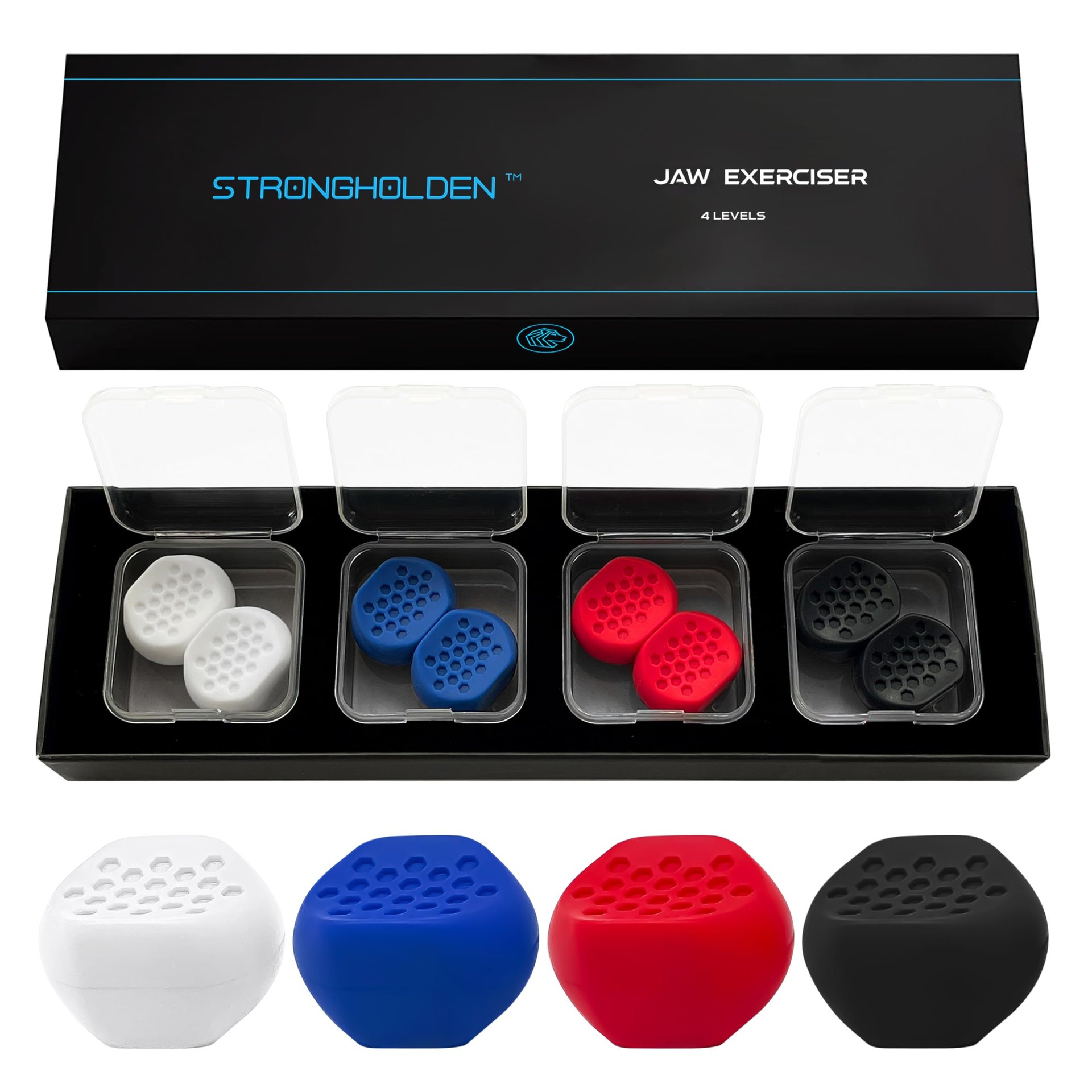 Ejercitador de Mandíbula para Hombres y Mujeres - 4 Niveles de Resistencia (8 piezas) Tabletas de Silicona para Ejercitar la Mandíbula para Principiantes, Intermedios y Usuarios Avanzados - Entrenador de Mandíbula y Moldeador de Mandíbula (4 Niveles - Nueva Generación)