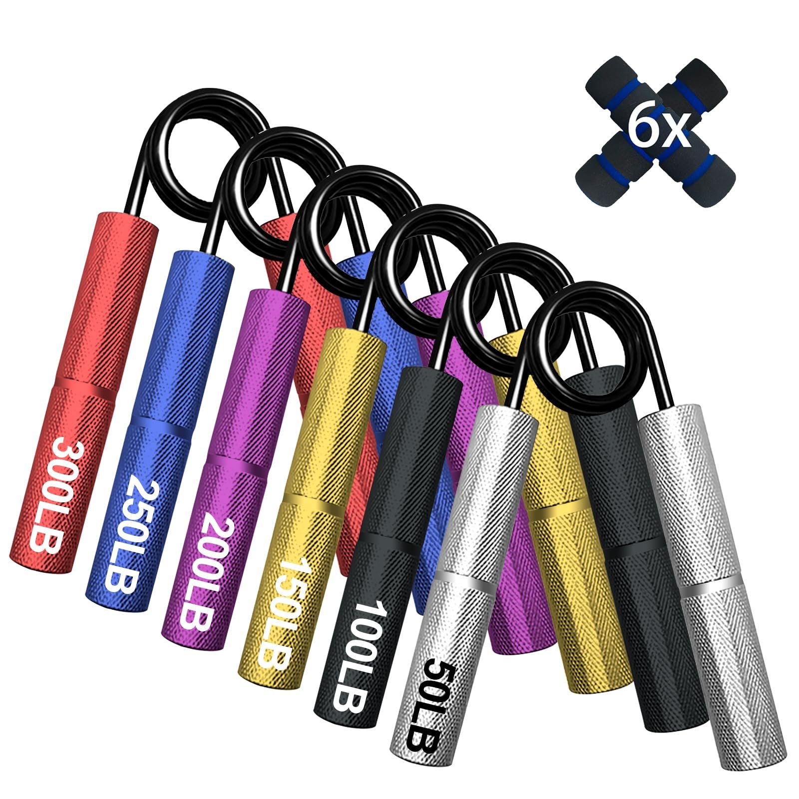 Set de 6 Entrenadores de Fuerza de Agarre, 50-300LB, Agarre sin Deslizamientos, Entrenador de Agarre de Mano, Ejercitador de Agarre para Casa, para Entrenamiento de Fuerza, Ejercicio, Recuperación de Lesiones