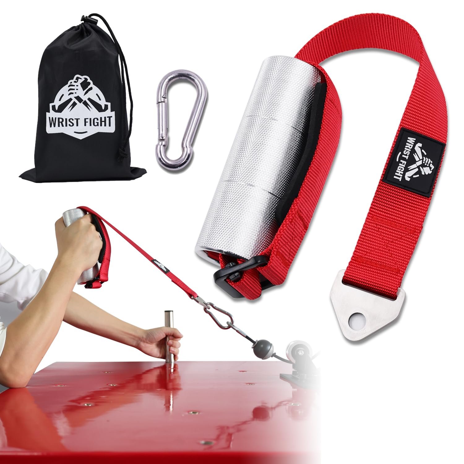 Mango de Entrenamiento para Lucha de Muñeca - Agarre de Aluminio de 2 Pulgadas para Mayor Fuerza de Pronación, con Correa Resistente, Mosquetón y Bolsa de Almacenamiento (Rojo)