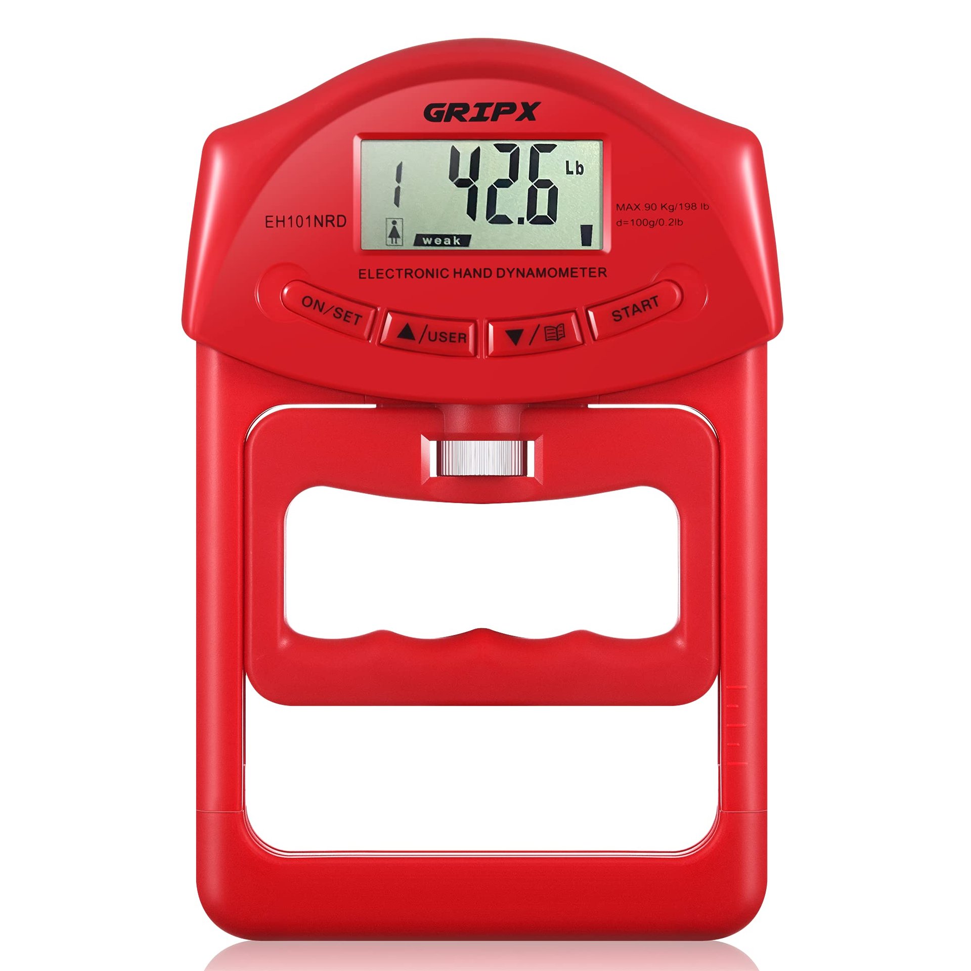 Medidor de Fuerza de Agarre Digital GRIPX Dynamometer con Captura Automática de Potencia de Agarre Electrónico 198Lbs / 90Kgs, Rojo