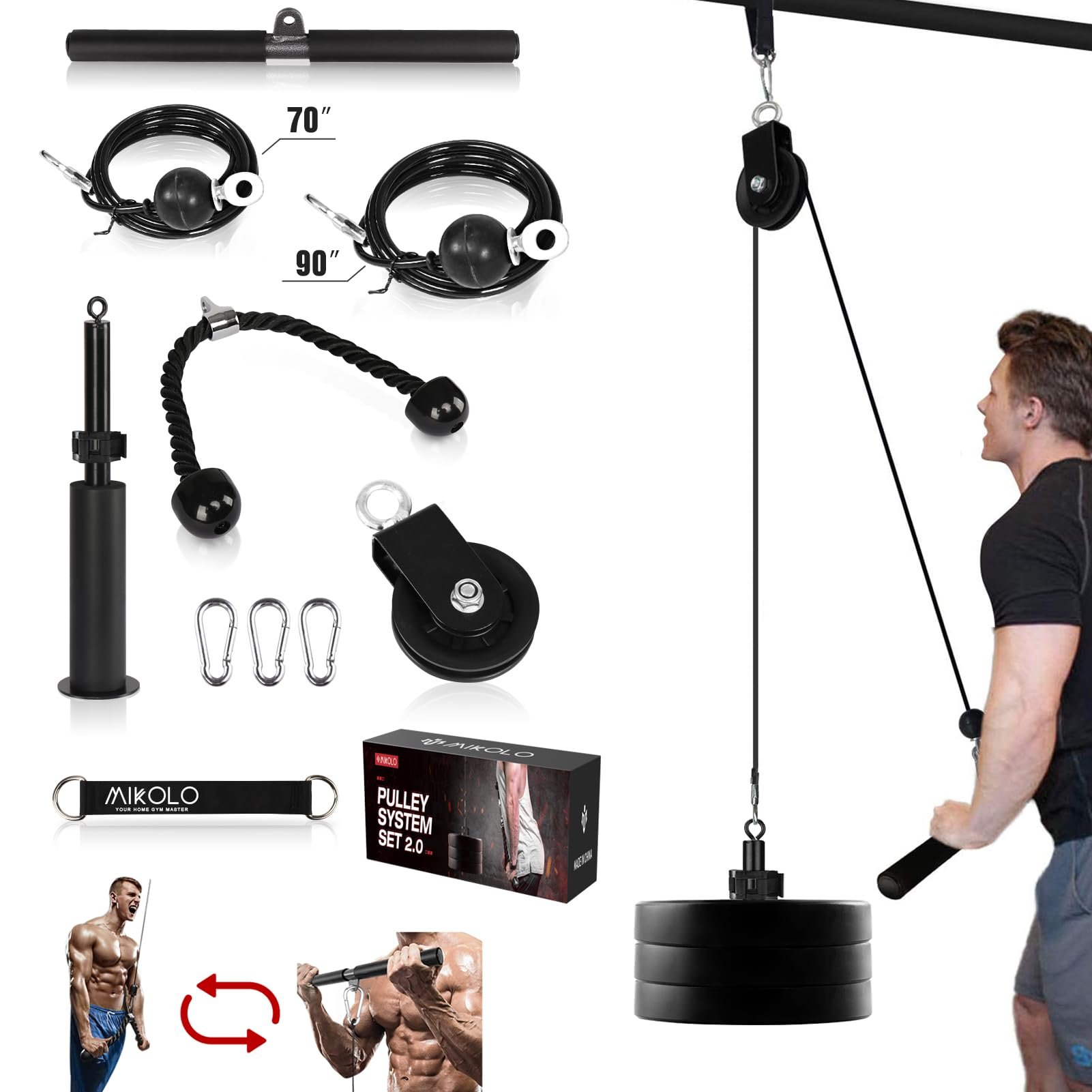Sistema de Poleas para Entrenamiento Mikolo Fitness LAT and Lift, Máquina de Cables Dobles(70'' y 90'') con Pin de Carga Mejorado para Tirones de Tríceps, Curl de Bíceps, Espalda, Antebrazo, Hombro-Equipo de Gimnasio en Casa(Patente)