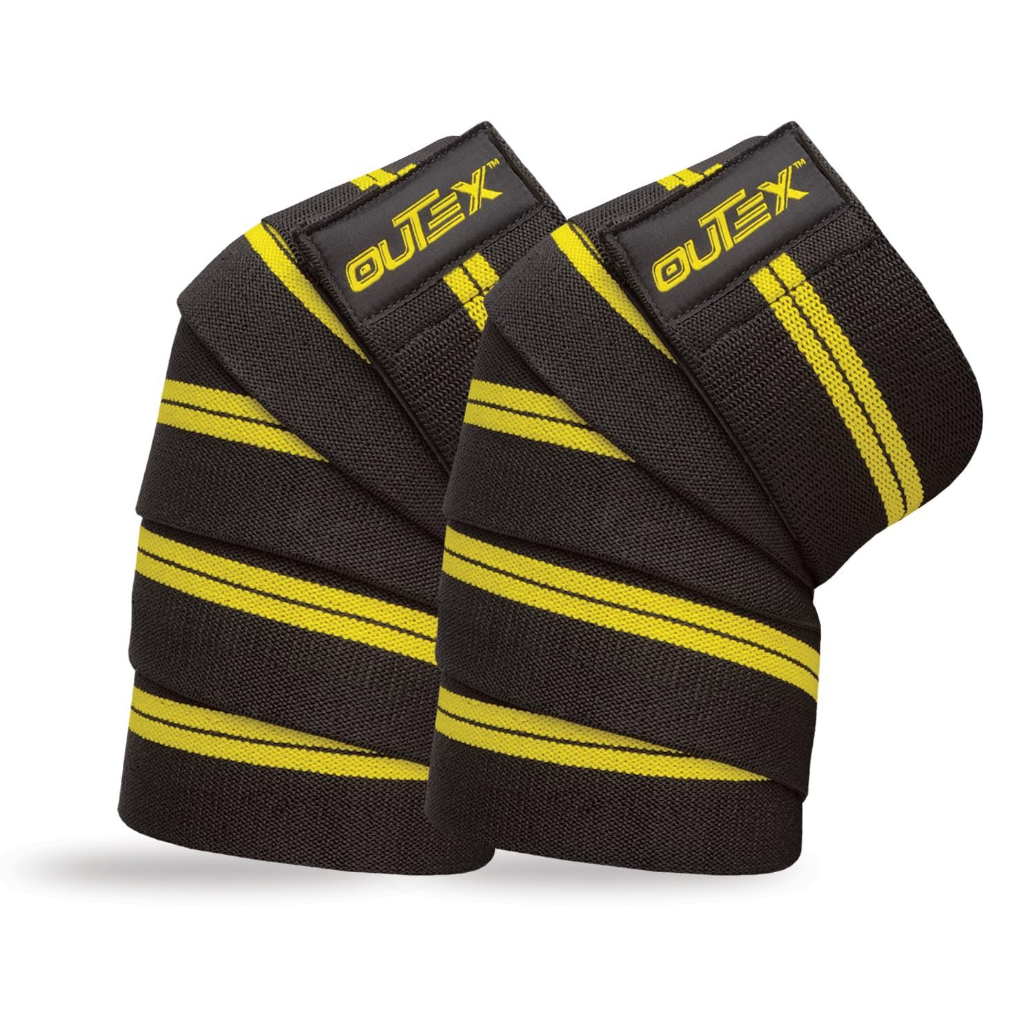 Vendas de Rodilla Outex para Levantamiento de Pesas (Par), 80" Barras de Rodilla Largas para Levantamiento de Pesas, Powerlifting, Prensa de Piernas, Cross Training - Soporte de Vendas de Rodilla para Sentadillas - para Hombres y Mujeres (Negro/Amarillo)