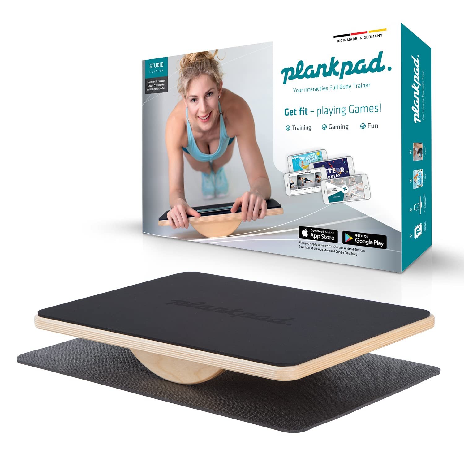 Plankpad STUDIO - Entrenador de fitness de cuerpo completo y abdominales con aplicación de entrenamiento para iOS y Android - Tabla de equilibrio interactiva hecha en Alemania