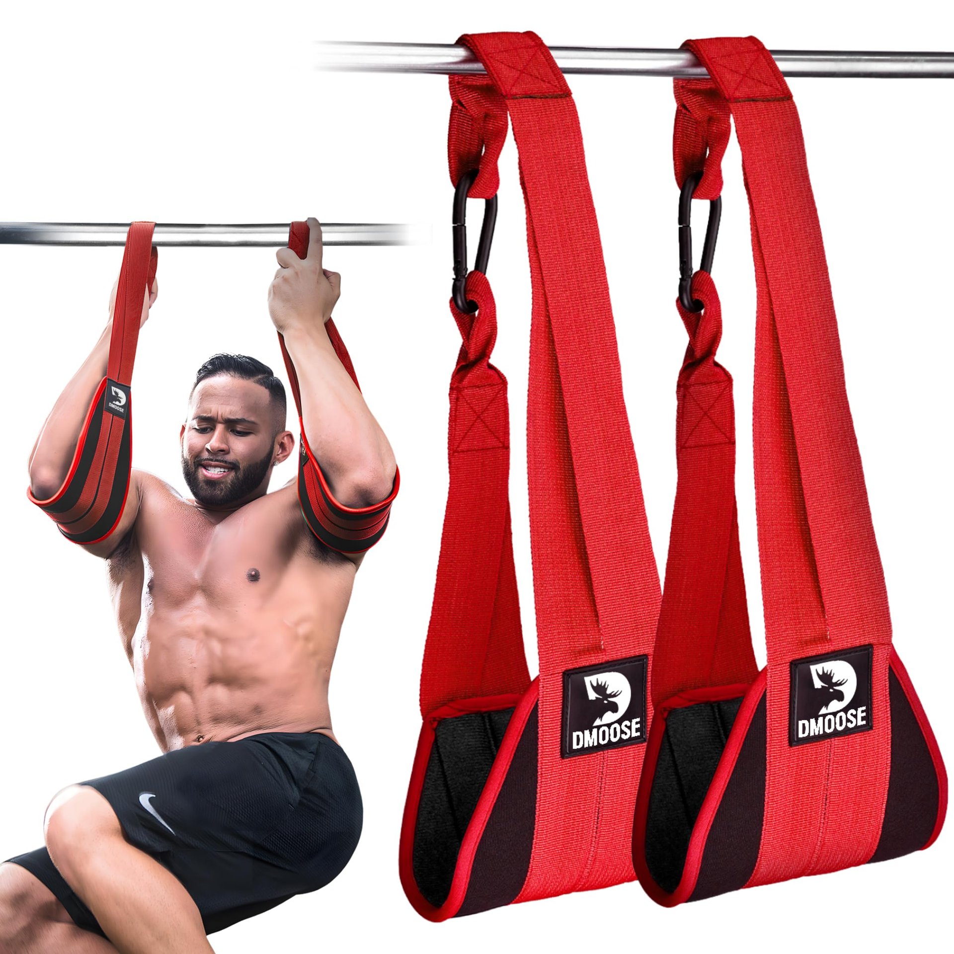 DMoose Fitness Cintas para Abdominales Colgantes para Barra de Dominadas y Entrenamiento de Fuerza Central - Correa de Brazo Acolchada Gruesa para Balanceo Ab con 2 Mosquetones Resistente al Óxido - Cintas para Dominadas para Entrenamiento de Abdominales en Casa y Gimnasio (Par)