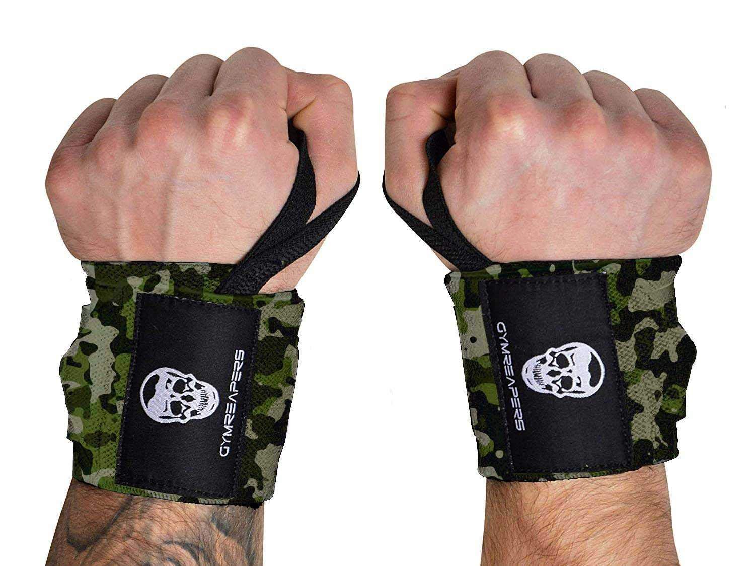 Gymreapers Muñequeras de Levantamiento de Pesas (Grado de Competición) 18" Soporte Profesional de Calidad con Resistente Lazo para el Pulgar - Mejor Envoltura para Levantamiento de Pesas, Entrenamiento de Fuerza, Culturismo (Camuflaje, 18")