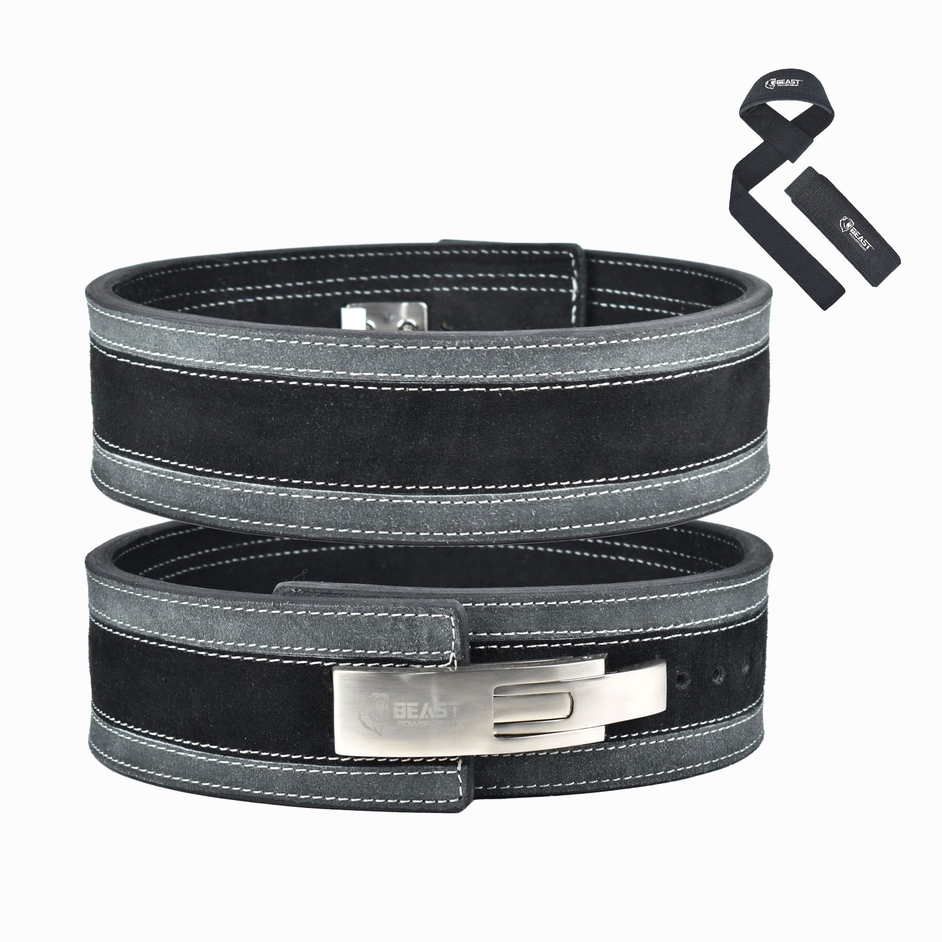 Cinturón de Levantamiento de Pesas Beast Power Gear con Hebilla Palanca|10MM de Grosor y 4 Pulgadas de Ancho|Correa Gratis- Soporte Avanzado para la Espalda para Levantamiento de Pesas, Powerlifting, Deadlifts, Squats - Hombres y Mujeres (Large, Negro/Gris)