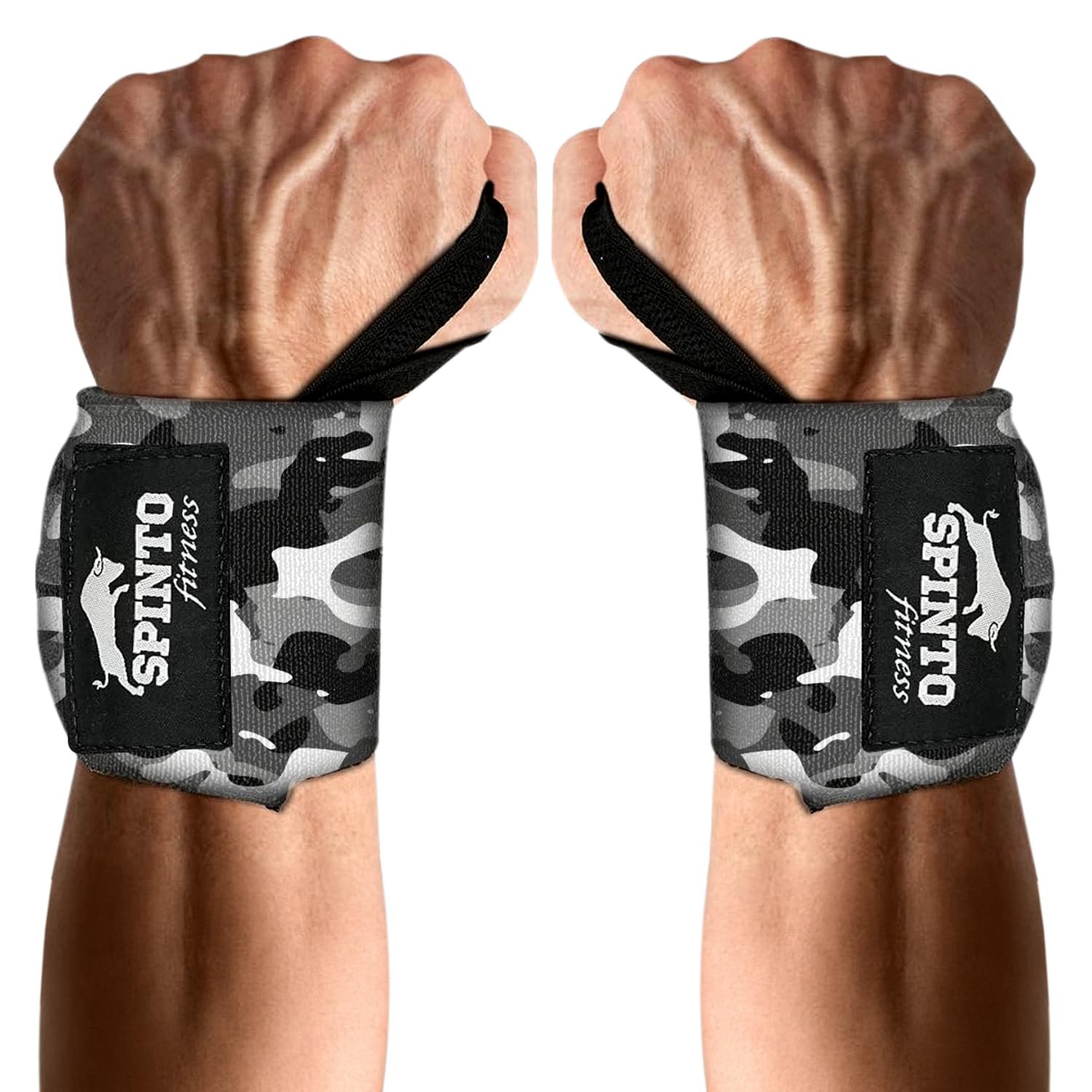 Vendas de muñeca Spinto Fitness de 24 pulgadas para Levantamiento de Pesas para Hombres y Mujeres | Aprobadas por USPA para Competencias de Powerlifting con Presilla para el Pulgar | Accesorios para el Gimnasio para Fortalecer la Agarre Soporte de Muñeca 1 Par (Gris Camuflaje)