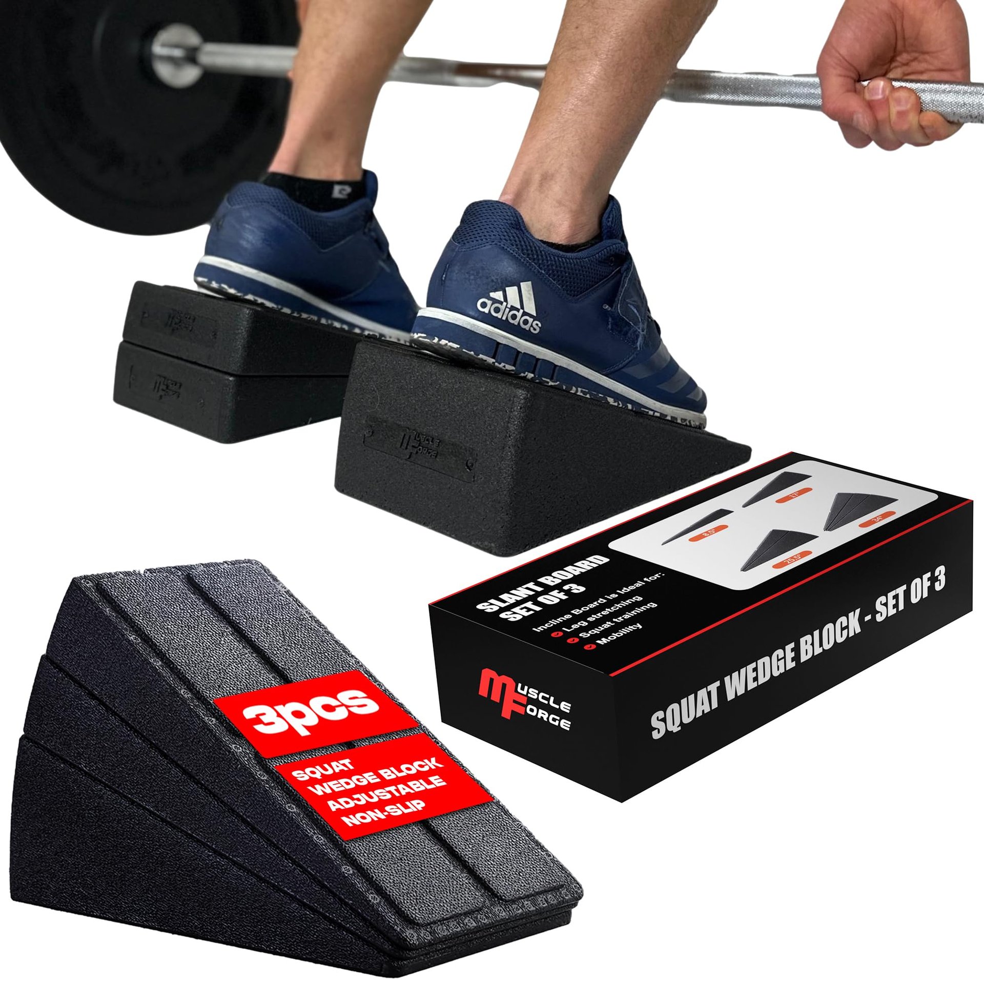 MuscleForge Squat Wedge Block - Prensa de pantorrilla para estiramiento, levantamiento de pesas, agilidad y entrenamiento de sentadillas con talón elevado - Bloque para elevación de pantorrillas, tabla inclinada para sentadillas y movilización