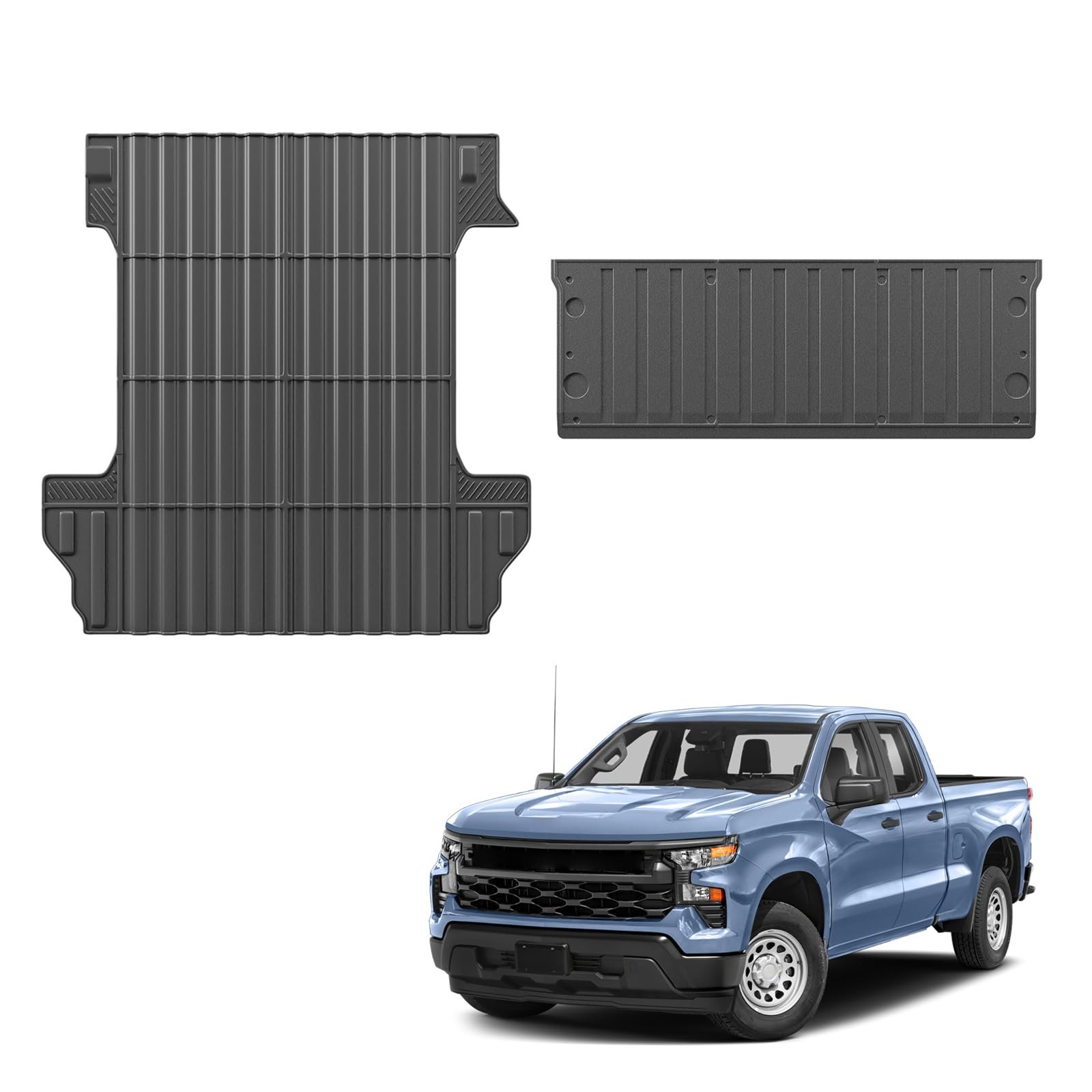Tapete de cama de camioneta y tapete de portón trasero Dattumar compatible con Chevy Silverado 1500 o GMC Sierra 1500 de 2019-2025 cama de 5.8 pies - Protección impermeable para todas las estaciones Accesorios de TPE (19-25 Silverado & Sierra 1500 5.8FT)