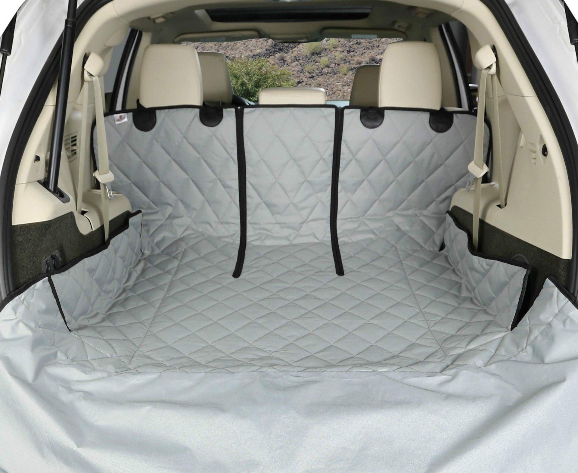 Protector de maletero para SUV 4Knines, Protector de maletero para vehículos, Alfombra de carga duradera para SUV, Compatible con asientos divididos 60/40 y paso para el reposabrazos, Impermeable, Fácil de limpiar, Antideslizante - Tamaño pequeño, Gris