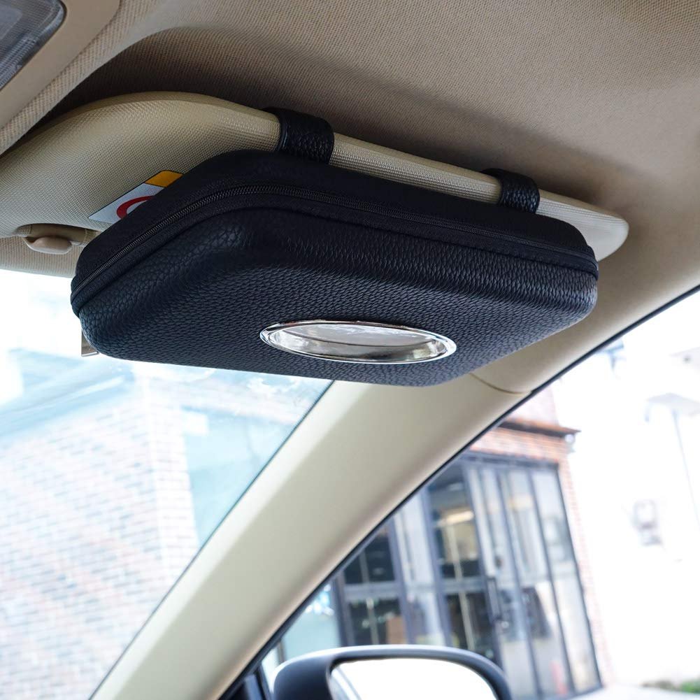 Portapañuelos para Coche Cartisen, Soporte para Pañuelos de Papel en Visera Solar, Soporte para Pañuelos en Visera de Coche, Estuche de Tela PU para Pañuelos en el Asiento Trasero del Coche, Vehículo (Negro (2 Paquetes))