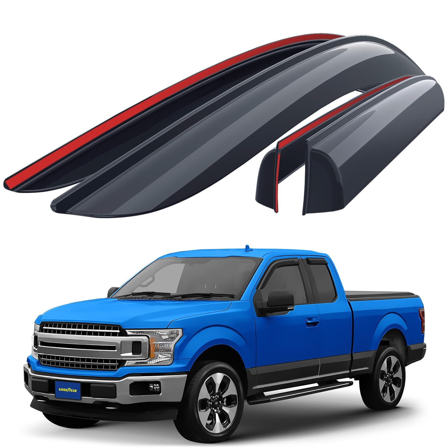 Deflectores de Ventana a Prueba de Rotura Goodyear para Camionetas Ford F150 2015-2025 SuperCab, Guardabarros con Cinta, Viseras de Ventana para Autos, Deflector de Ventilación, Visor de Ventanas, Accesorios para Camionetas, 4 uds - GY003113
