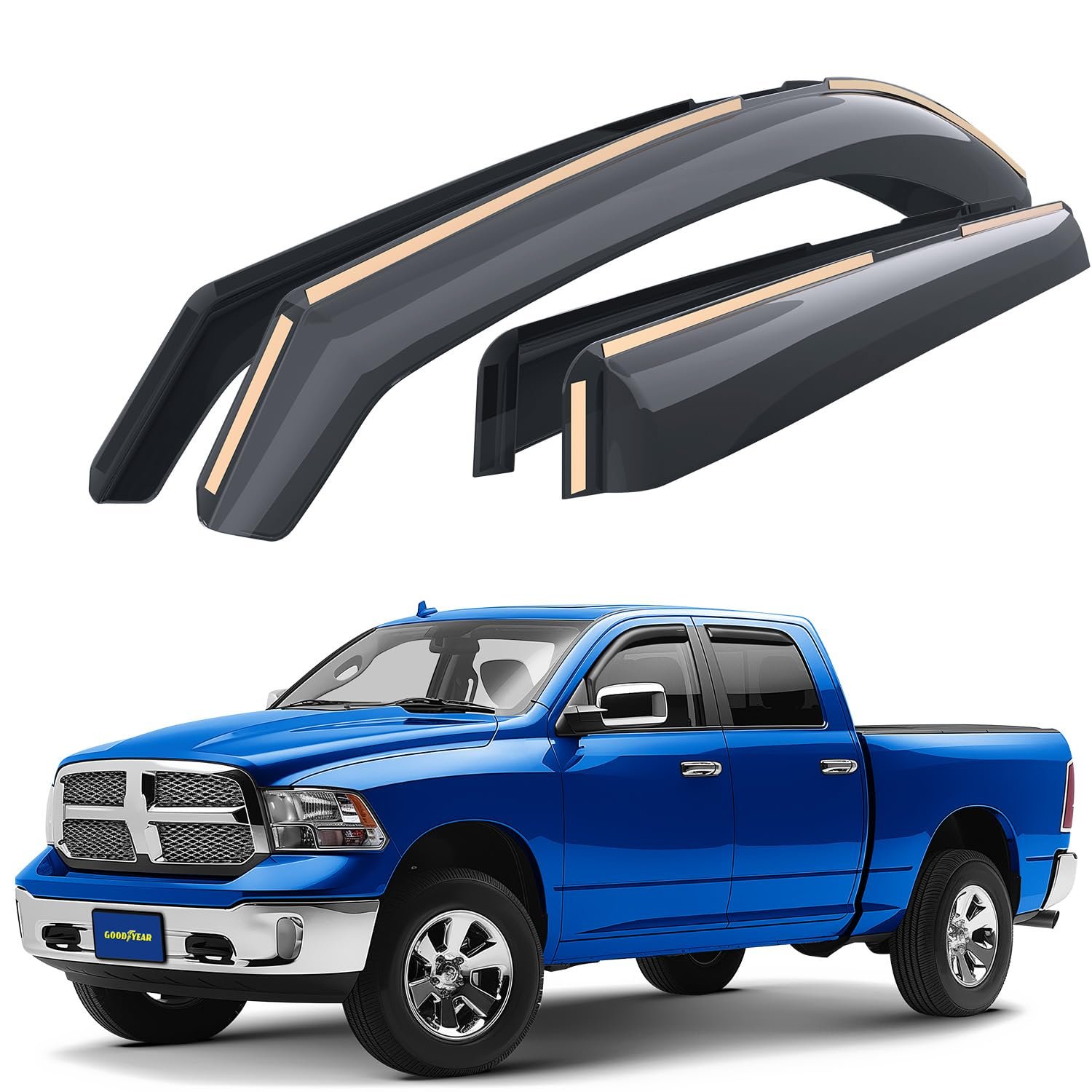 Deflectores de Ventana a Prueba de Rupturas Goodyear para Camionetas Dodge RAM 2009-2018 Crew Cab 1500 2500 3500, Guardabarros contra Lluvia, Viseras para Ventanas de Automóviles, Deflector de Ventilación, Accesorios para Camionetas, 4 piezas- GY003404