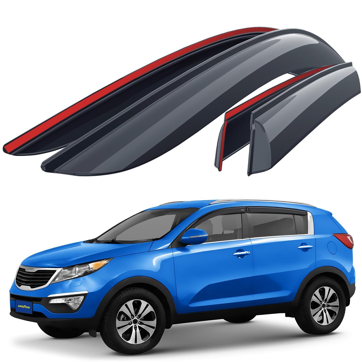 Deflectores de ventanilla laterales irrompibles Goodyear para Kia Sportage 2011-2016, Guardabarros para lluvia con cinta adhesiva, Viseras de ventanilla para autos, Deflector de aire, Visera de ventilación, Accesorios para autos, 4 piezas - GY003214LP