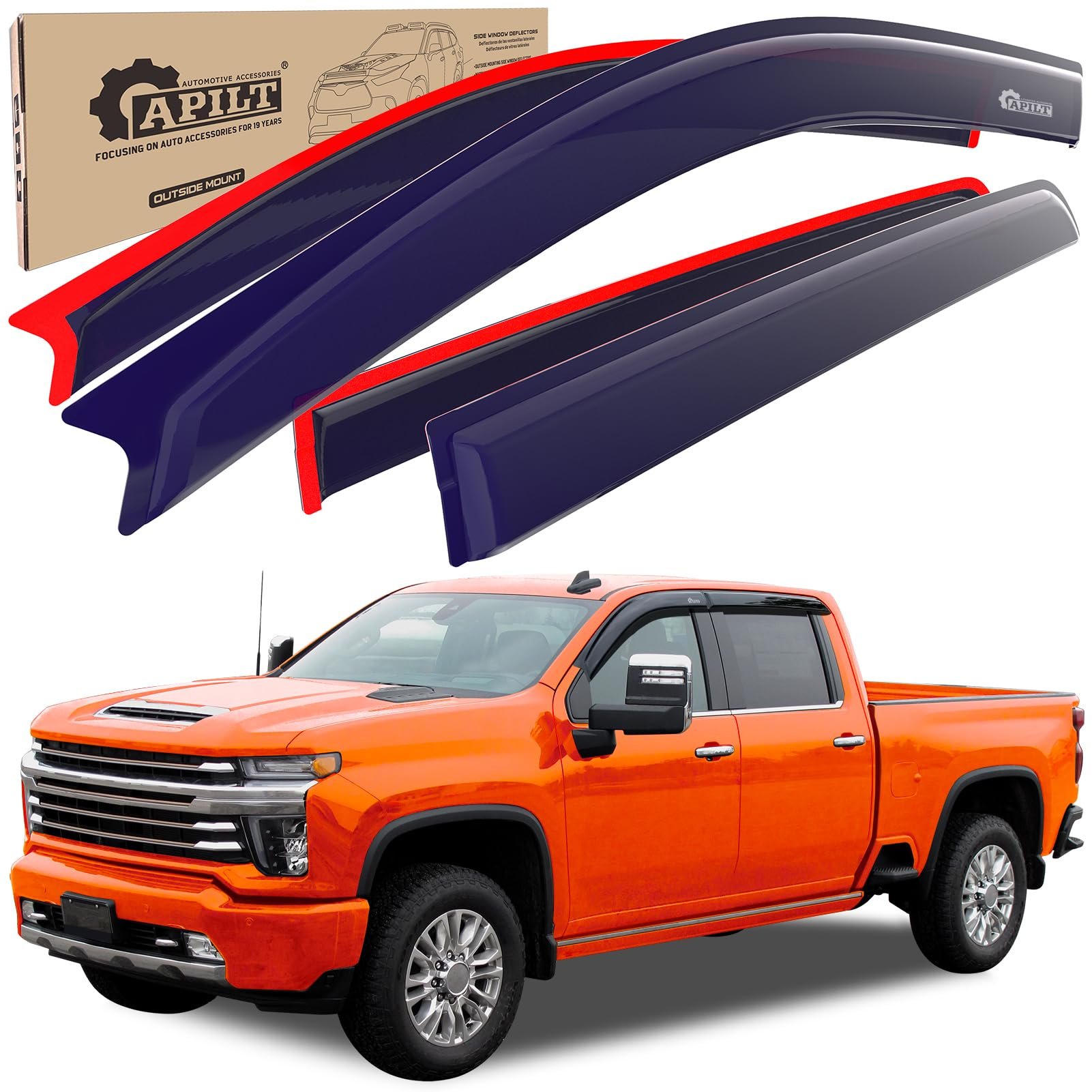 APILT Outside-Mount Rain Guards Window Visors for 2019-2025 Silverado &GMC Sierra 1500, 2020-2025 Silverado & GMC 2500HD-3500HD Crew Cab Truck Accessories Dark Smoke 4pcs Set with Thicker