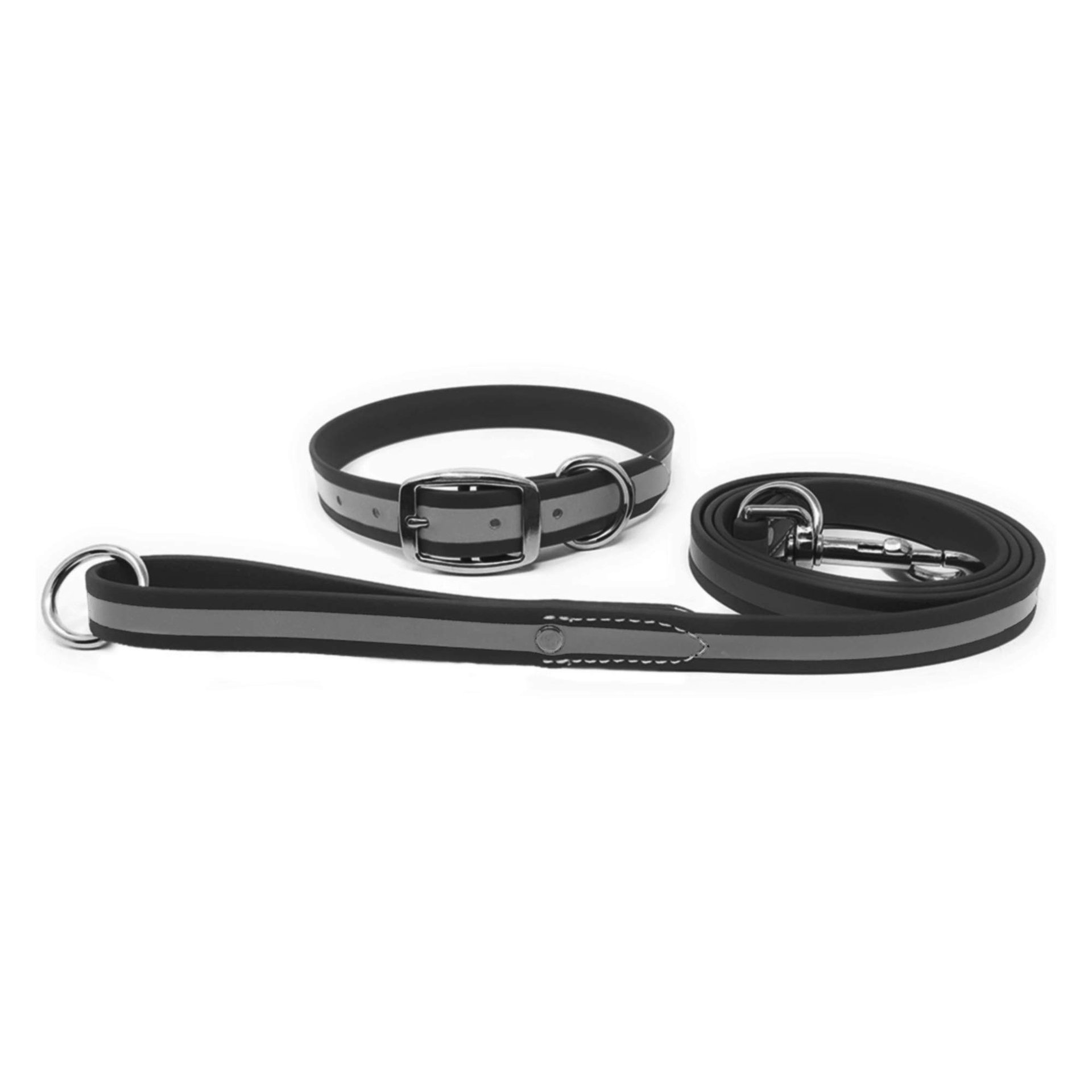 Juego de Collar y Correa Reflectante Negra Mediana para Perros de Regal Dog Products - Collar de Perro de Biothane Impermeable con Hebilla Doble Resistente, Anillo en D y Correa de 5 pies - Otros Tamaños para Perros Medianos y Grandes