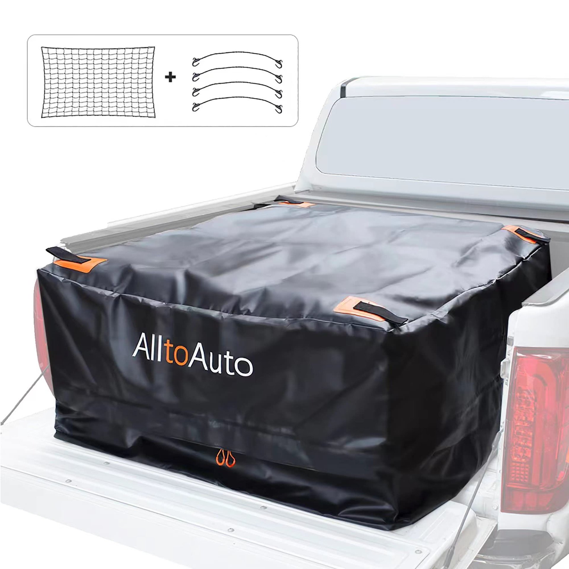 Bolsa de carga para cama de camioneta AlltoAuto con red de carga, 100% impermeable 600D de alta resistencia, se ajusta a cualquier tamaño de camioneta (51''x40''x22'') 26 pies cúbicos, simple y conveniente para la instalación