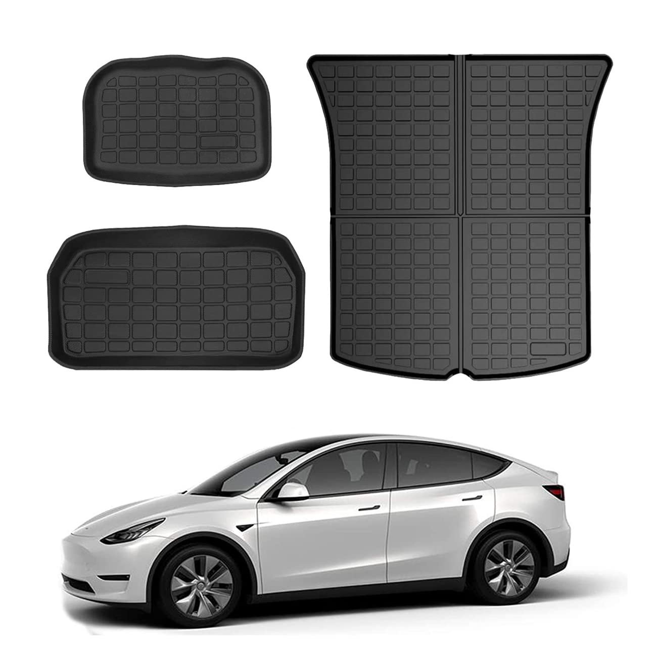 Tapetes de almacenamiento y revestimientos de carga para modelo Y, bandeja de maletero trasero resistente a la intemperie, hecha a medida compatible con Tesla Model Y 2020 2021 2022 2023 de 5 asientos, accesorios de TPO duraderos impermeables con tecnología 3D