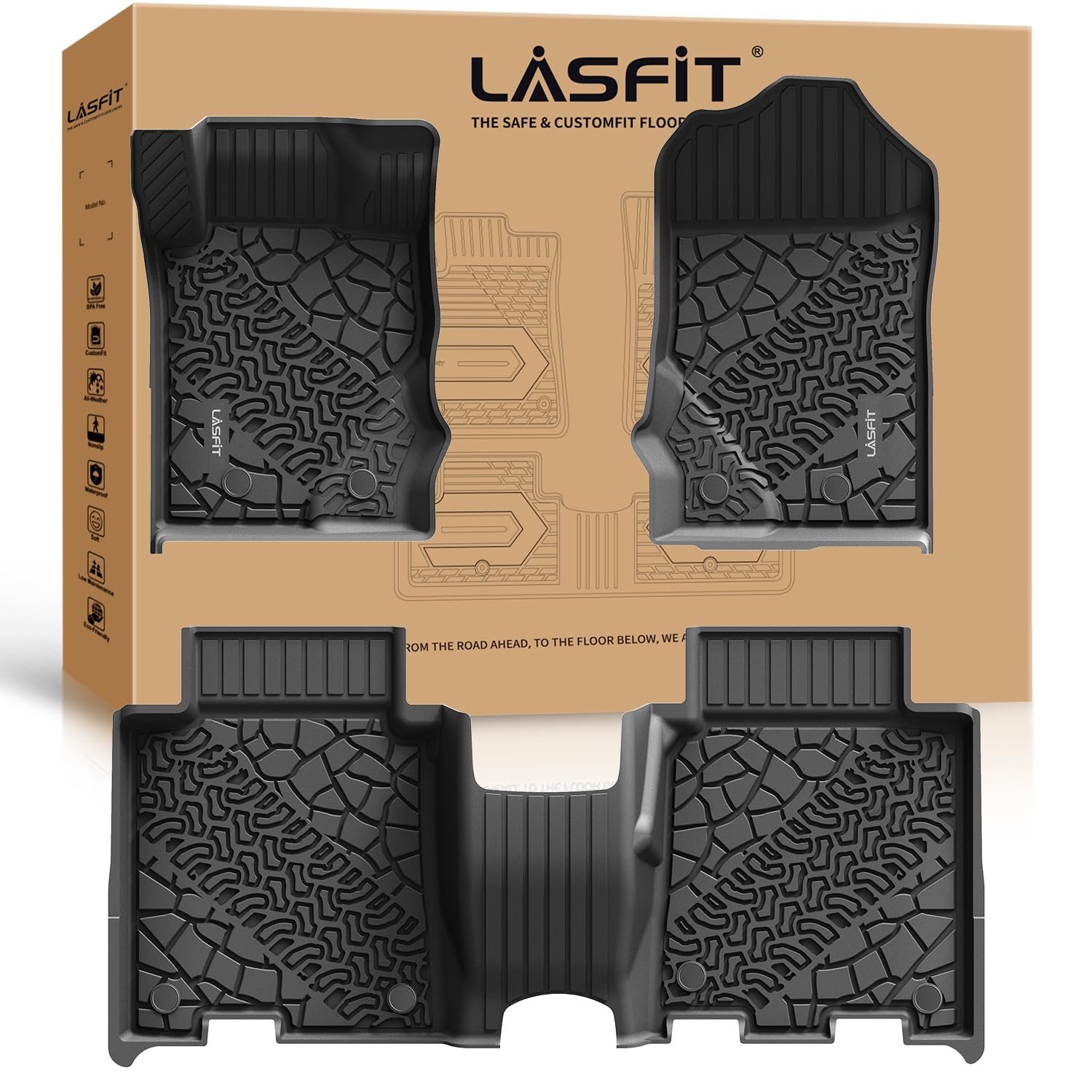 Tapetes LASFIT para Ford Bronco 4 Puertas 2024 2023 2022 2021, Tapetes de Coche TPE para Todo Clima Ajuste Personalizado (Solo para 4 Puertas), 1ra y 2da Fila, Negro (No apto para Sport y Piso de Vinilo)