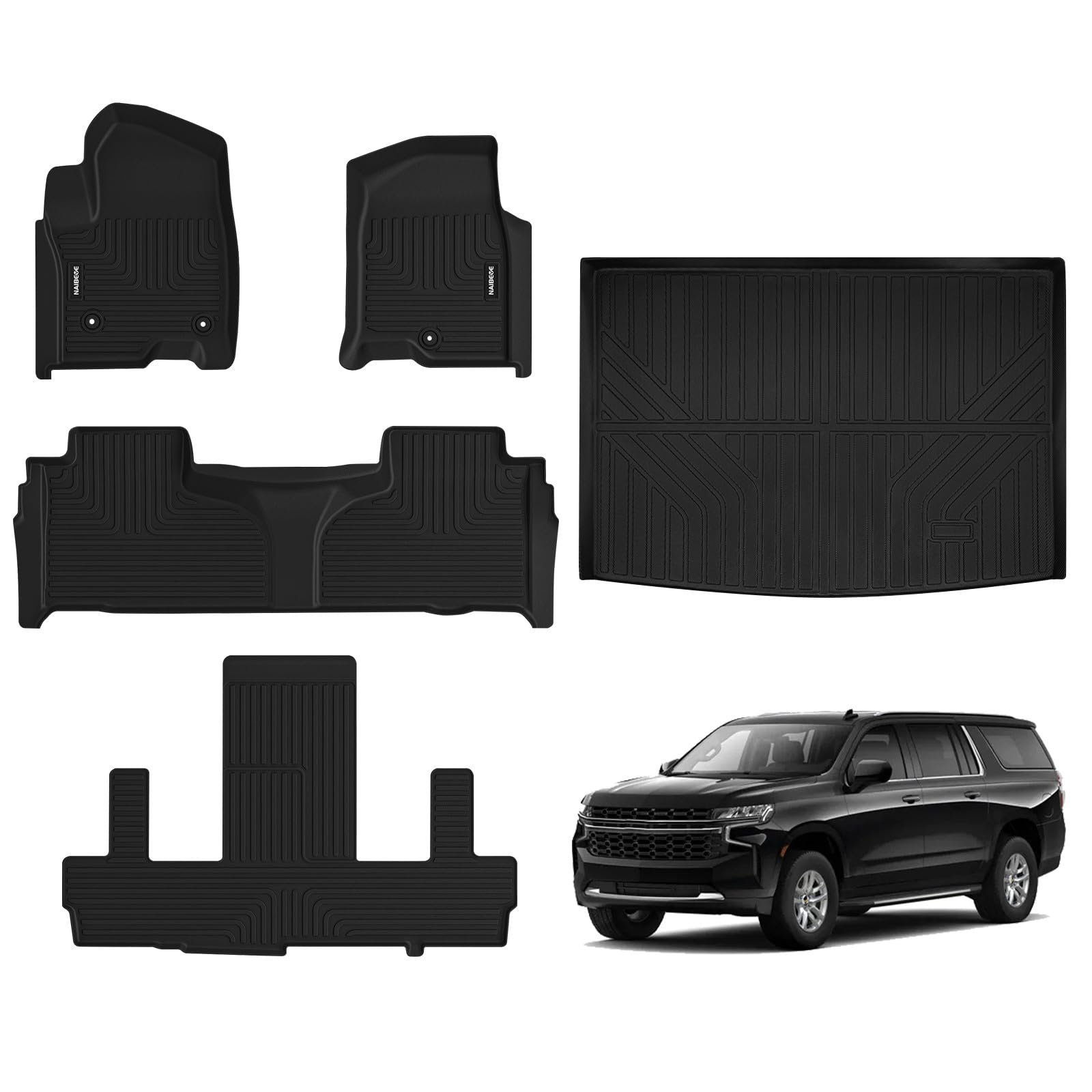 Juego de tapetes Naibeve para Chevrolet Suburban/GMC Yukon XL 2021-2023 7 Asientos - Todo Clima para Chevrolet Suburban/GMC Yukon XL Tapetes y Forro de Carga (Asientos de Cubo de 2da Fila) Forro de Carga Detrás de la 3ra Fila