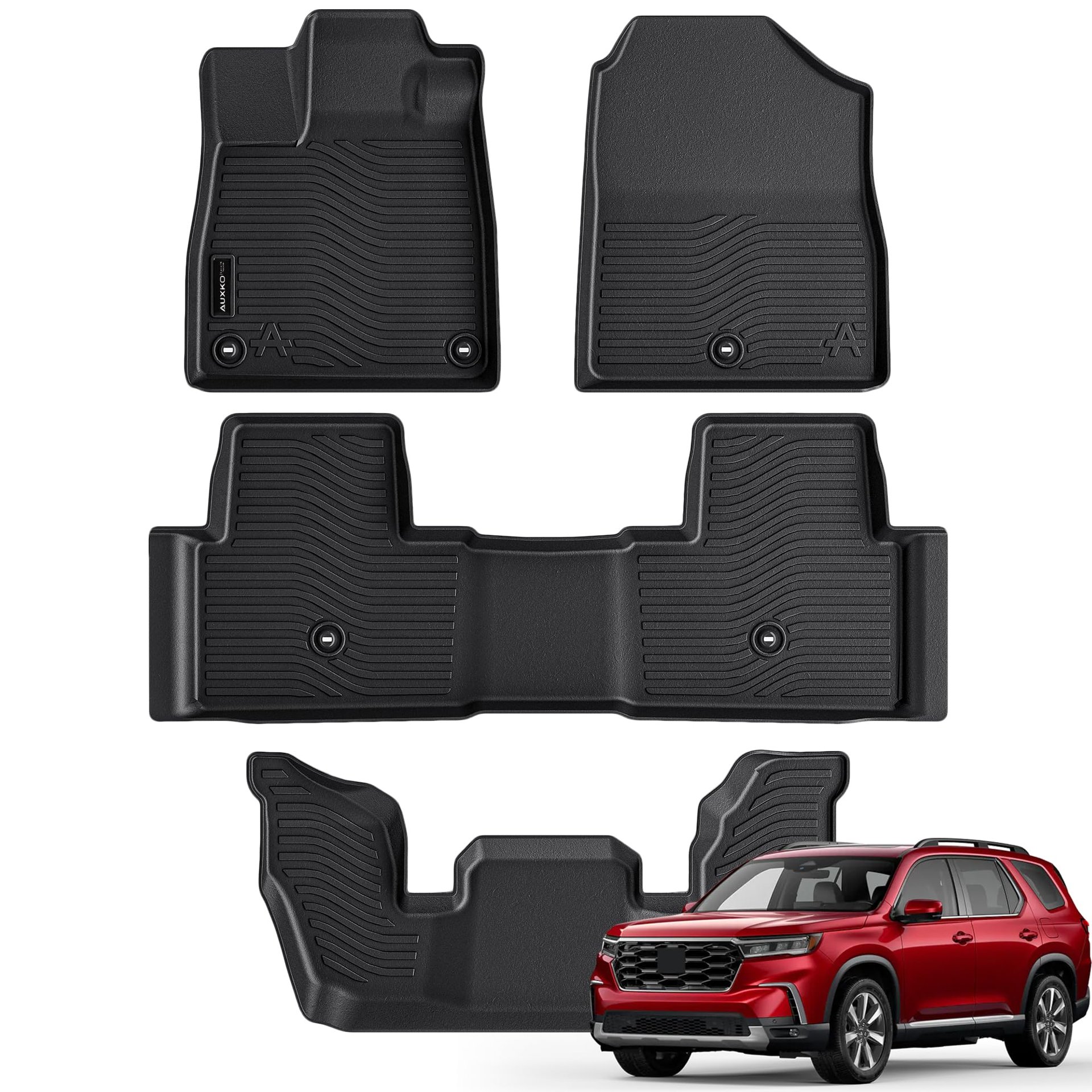 Tapetes de Piso Todo Clima Auxko para Honda Pilot 2023 2024 Protectores de Goma TPE Accesorios para Honda Pilot Guardabarros para Toda la Temporada Antideslizantes 3 Filas Negro