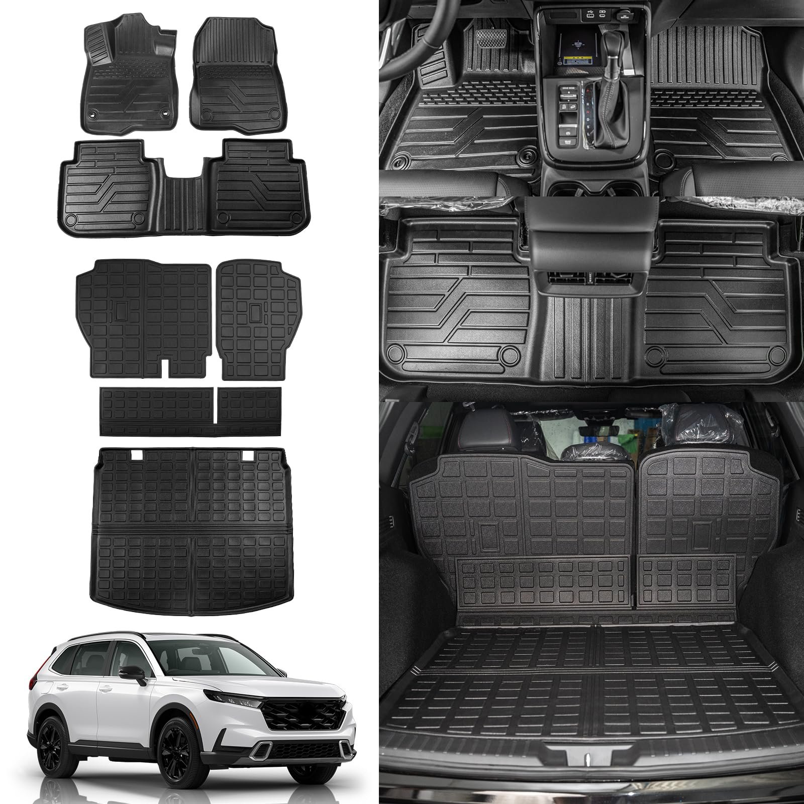 Tapetes Rongtaod compatibles con 2023 2024 2025 Honda CRV (Incluye híbrido) Tapete de carga Forro de maletero Cubierta de asiento trasero Accesorios Honda CRV (Para cubierta superior, Tapete de maletero + Tapetes de respaldo + Tapetes de piso)