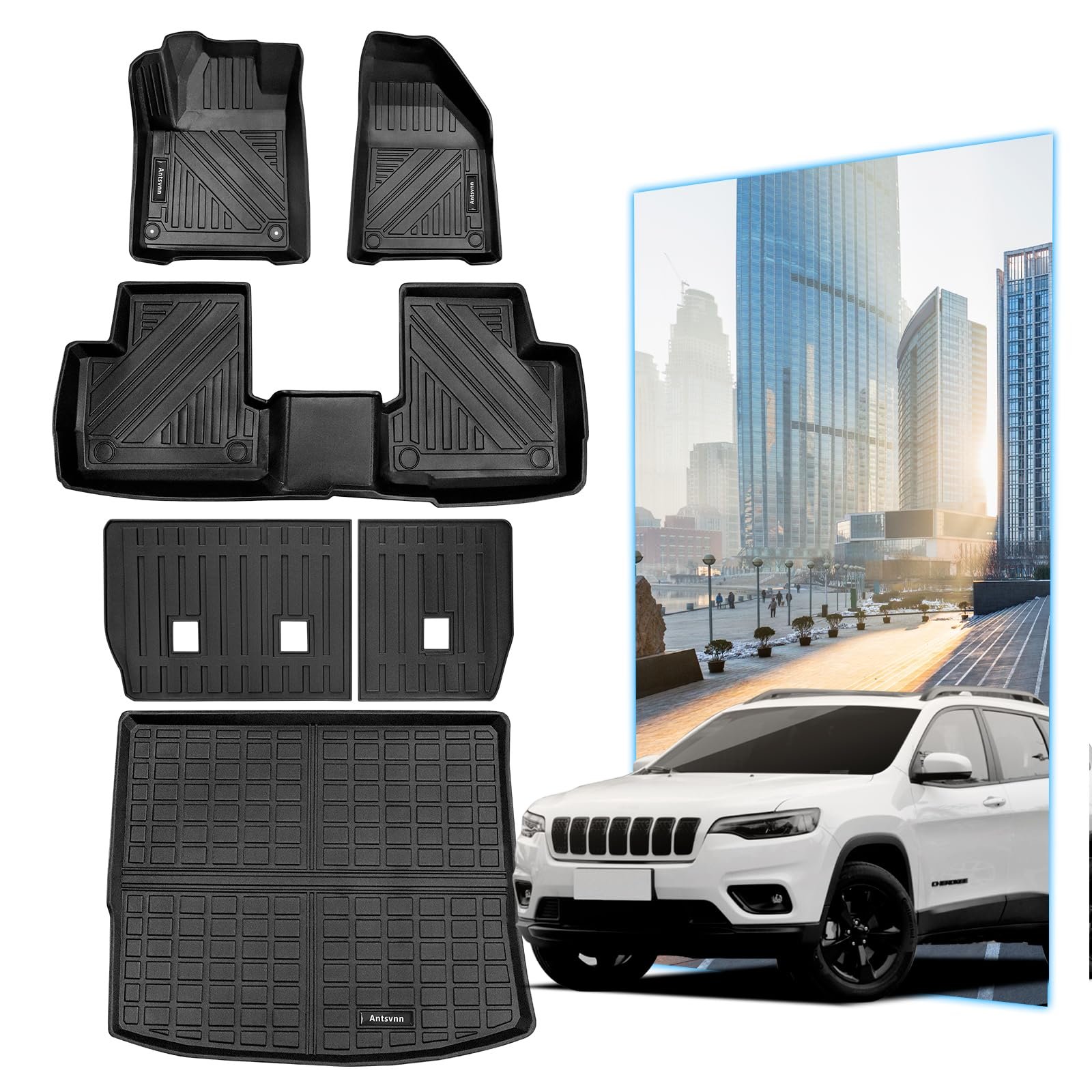 Tapetes de Vehículo Antsvnn - Juego de 6 piezas para Jeep Cherokee 2014-2024, Tapetes Interiores Personalizados 3D para Todo Clima, Elastómero Termoplástico (TPE), 30.0x23.0x4.0 pulgadas, Ajuste Personalizado, 5 libras