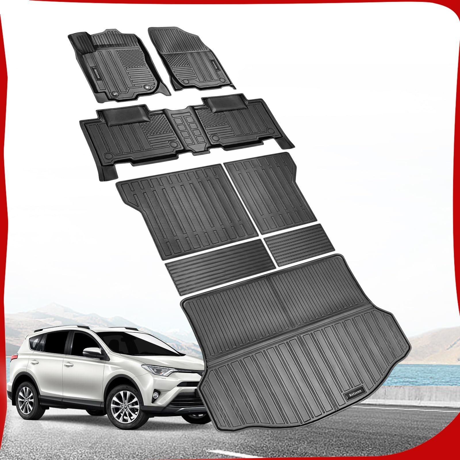 Antsvnn Ajuste para 2013-2018 Toyota RAV4 Tapetes del Piso Tapete de Carga Respaldo, Tapete de Tronco Interior Personalizado en 3D para Coche Todo Clima, Ajuste para 2018 2017 2016 2015 2014 2013 Accesorios Toyota RAV4 Juego Completo