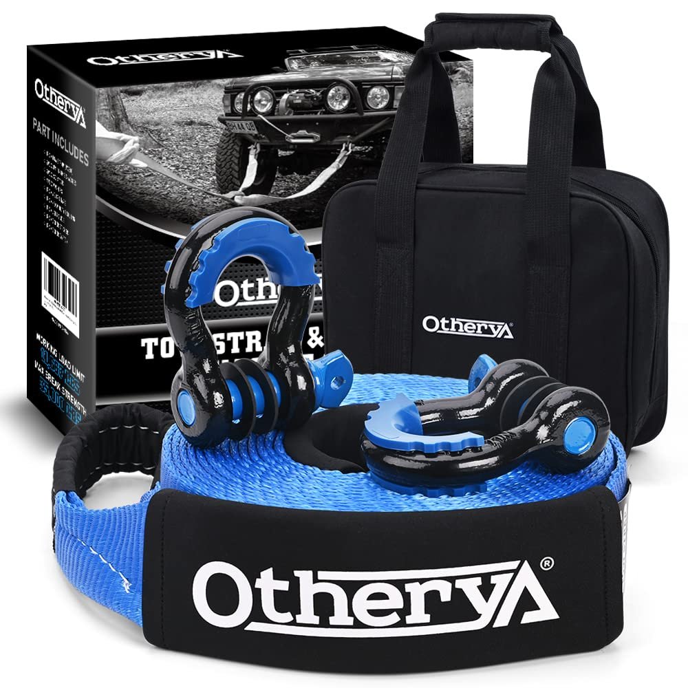 Kit de Cinta de Remolque y Ganchos de Anillo en D Resistente Pesado Otherya 3'' x 30 ft (35,000 lbs) - Resistencia a la Rotura, Bucle de Tres Reforzado + 2 Ganchos de Anillo en D Resistente Pesado de 3/4 + Bolsa de Almacenamiento