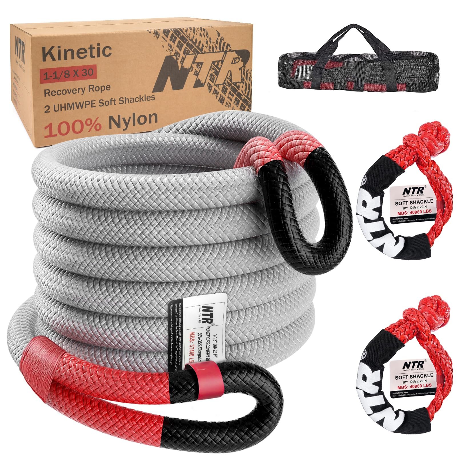 Cuerda de Recuperación Cinética NTR 1-1/8" x 30' (37,480lbs), con 2 Soft Shackles de UHMWPE (40,980lbs), Correa de Rescate Resistente para Offroad, Kit de recuperación de vehículos para Jeep carro camión ATV UTV SUV