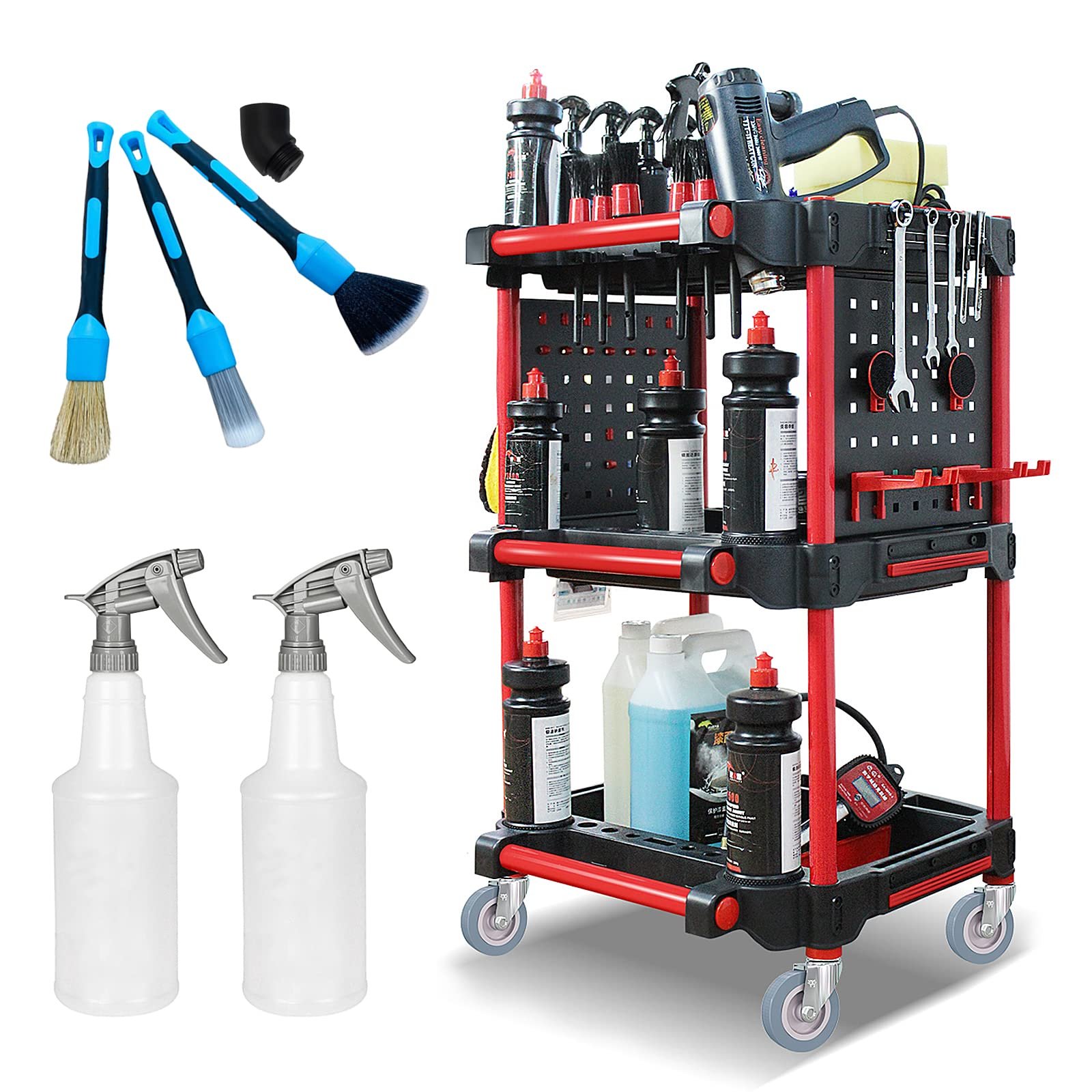 Carrito Organizador de Herramientas de Detallado de Utilidad Rodante YTDTKJ, Carrito de Detallado de Coche de 3 Niveles con 2 Piezas de Placa Colgante Lateral y Ganchos, Botellas de Spray y Cepillos de Detallado para Mecánicos Durante Reparaciones de Lavado/Cera de Coche
