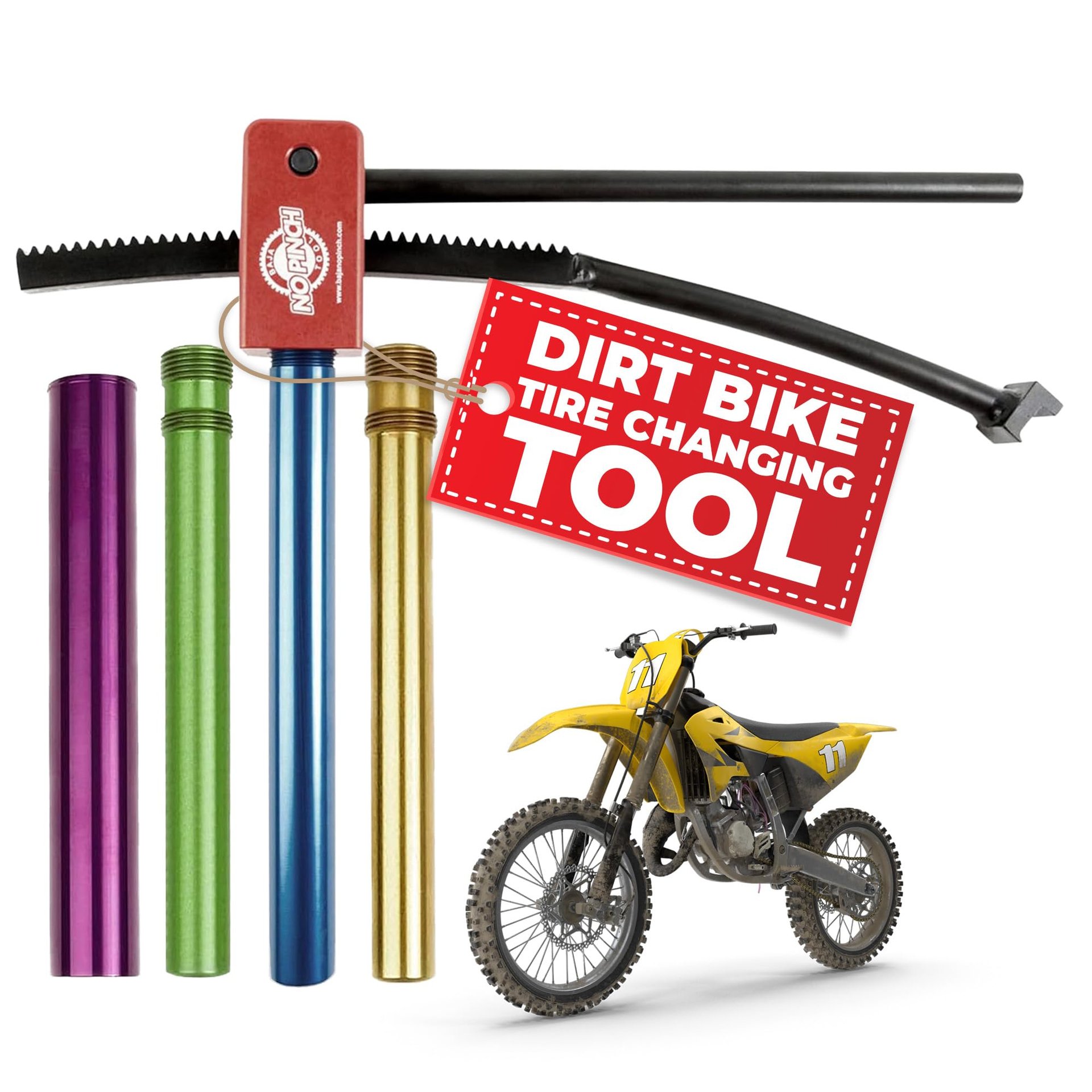 Kit Ultimate BAJA NO PINCH, Herramienta Compacta para Cambiar Neumáticos de Motocross y Motos de Tierra - Monta Neumáticos Sin Pinchar Tubos - Incluye Mangas para Ejes de 15mm, 17mm, 20mm, 25mm - Funciona en Llantas de 16-21 Pulgadas